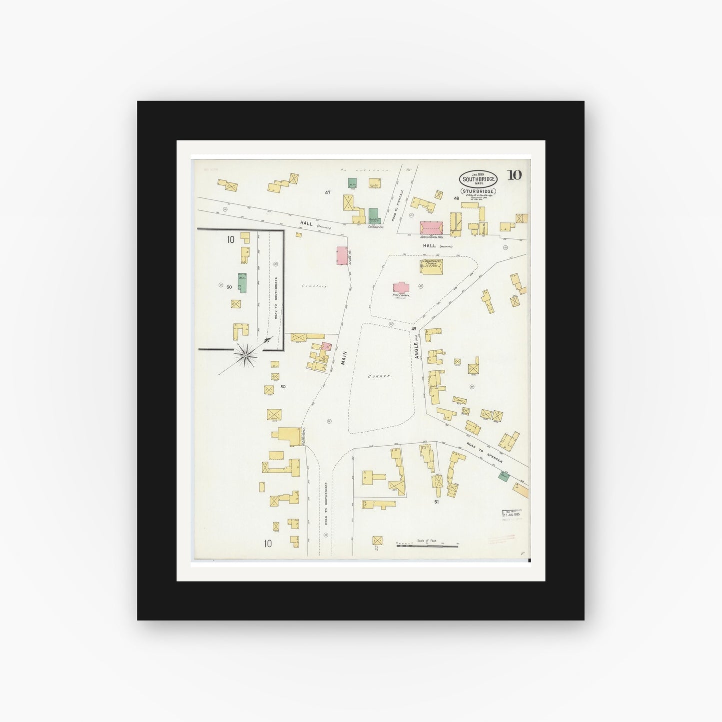 Old map wall art mockup — black gallery frame with white mat — Sanborn Fire Insurance Map from Southbridge, Worcester County, Massachusetts (1899), Sheet #0010