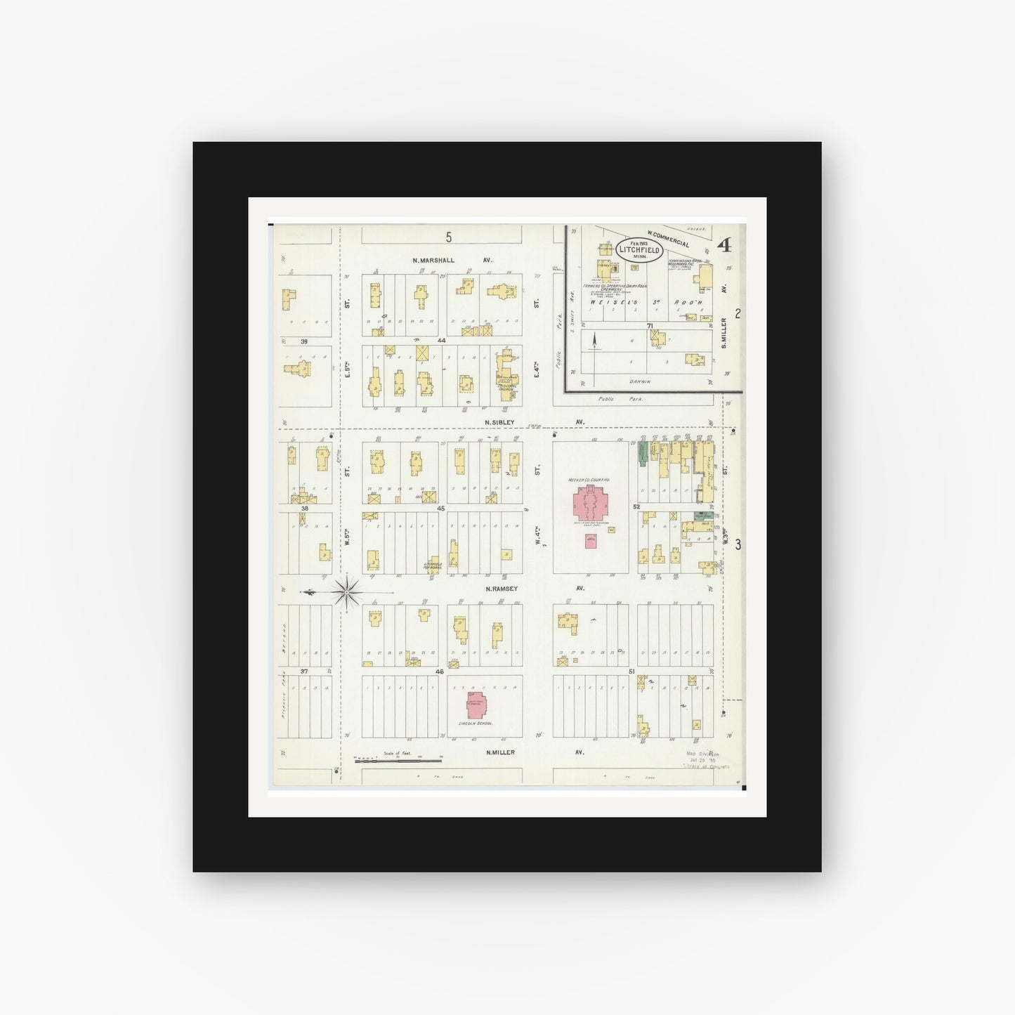 Old map wall art mockup — black gallery frame with white mat — Sanborn Fire Insurance Map from Litchfield, Meeker County, Minnesota (1903), Sheet #0004