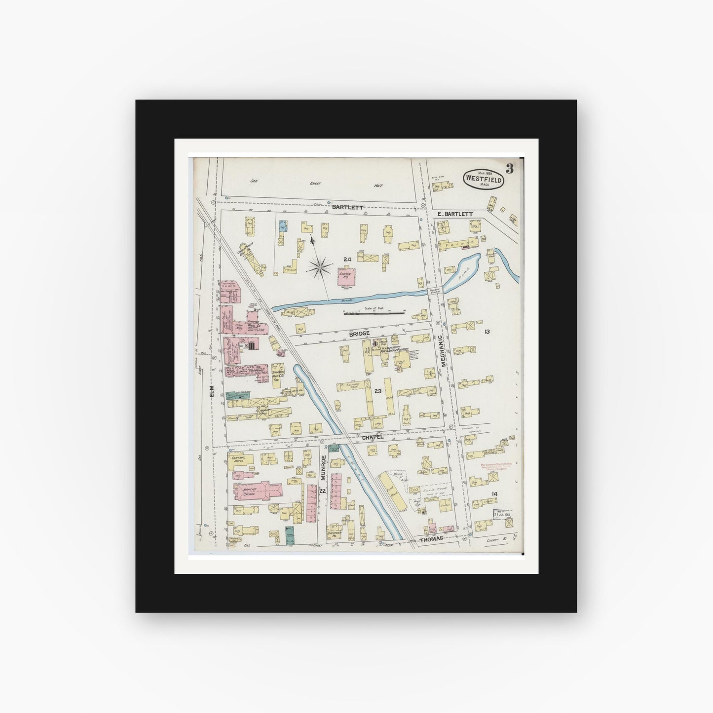 Old map wall art mockup — black gallery frame with white mat — Sanborn Fire Insurance Map from Westfield, Hampden County, Massachusetts (1889), Sheet #0003