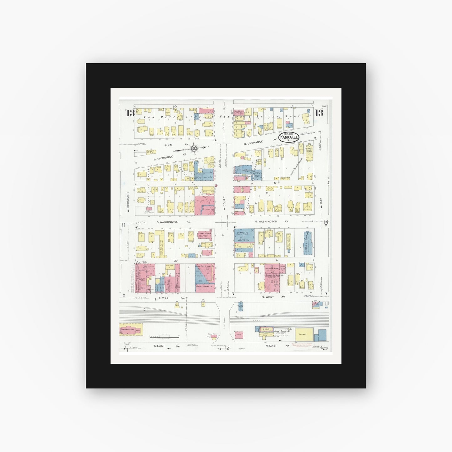 Old map wall art mockup — black gallery frame with white mat — Sanborn Fire Insurance Map from Kankakee, Kankakee County, Illinois (1930), Sheet #0013