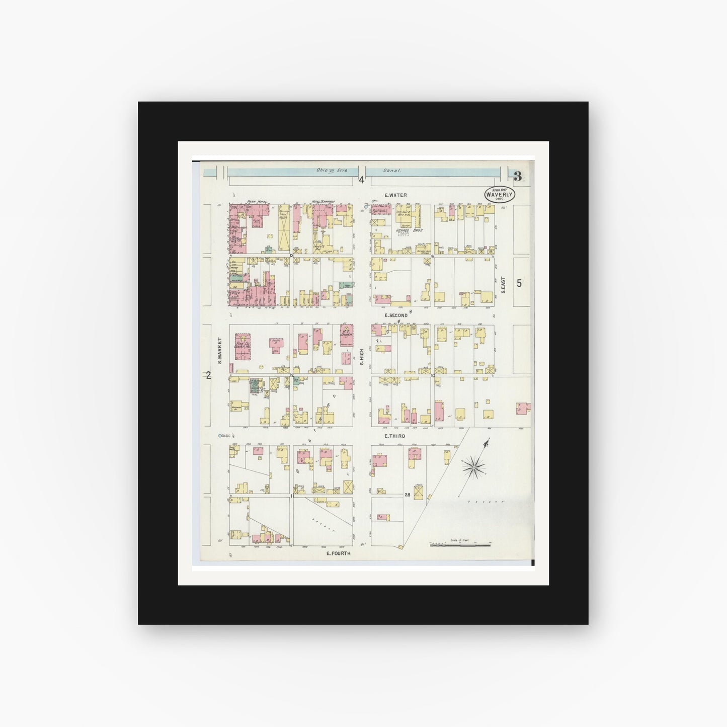 Old map wall art mockup — black gallery frame with white mat — Sanborn Fire Insurance Map from Waverly, Pike County, Ohio (1897), Sheet #0003