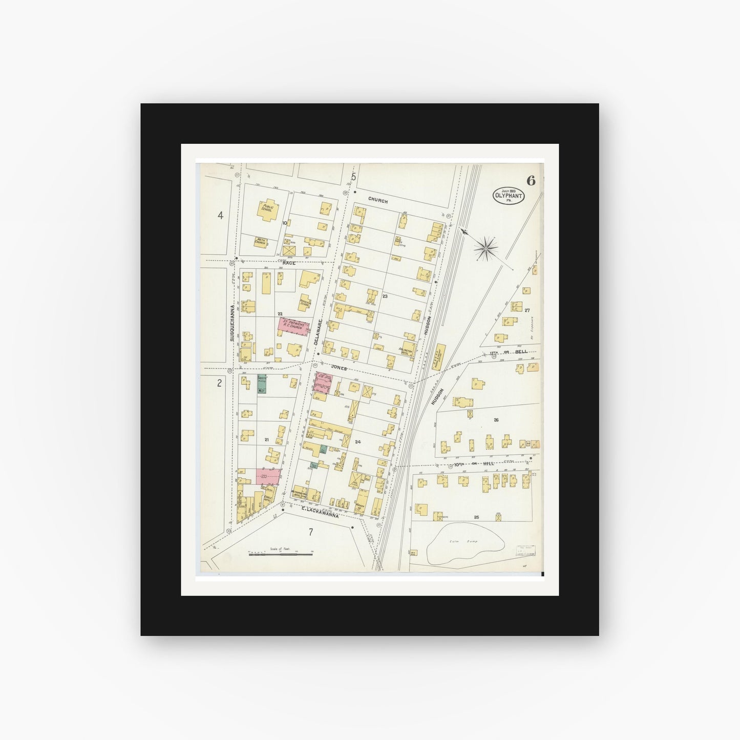 Old map wall art mockup — black gallery frame with white mat — Sanborn Fire Insurance Map from Olyphant, Lackawanna County, Pennsylvania (1903), Sheet #0006