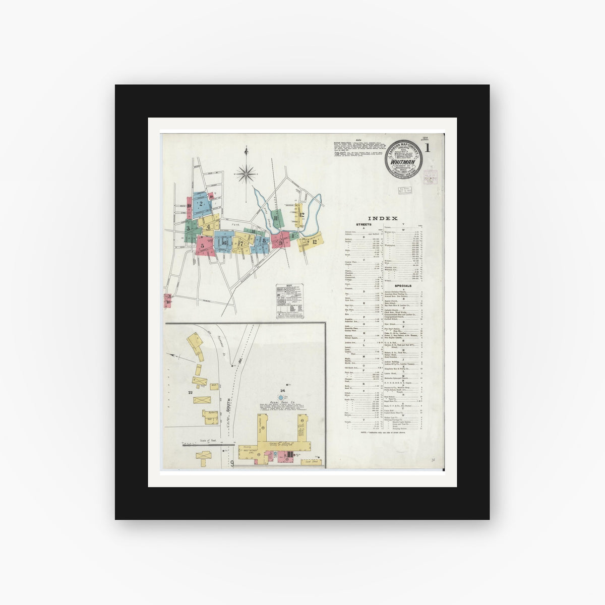 Old map wall art mockup — black gallery frame with white mat — Sanborn Fire Insurance Map from Whitman, Plymouth County, Massachusetts (1905) - Complete Map Set