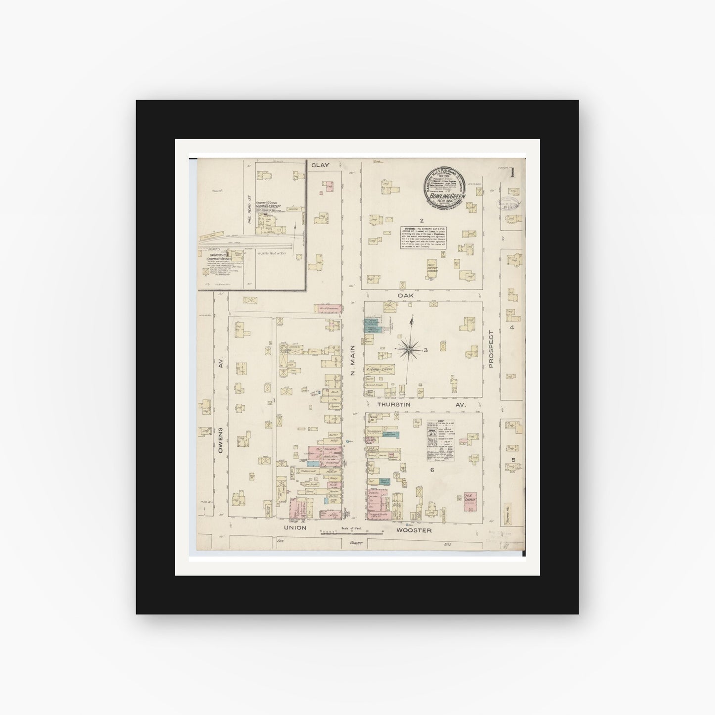 Old map wall art mockup — black gallery frame with white mat — Sanborn Fire Insurance Map from Bowling Green, Wood County, Ohio (1884) - Complete Map Set