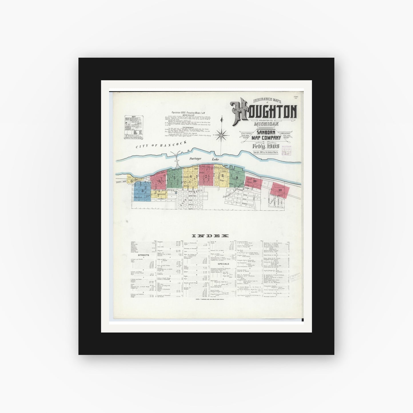 Old map wall art mockup — black gallery frame with white mat — Sanborn Fire Insurance Map from Houghton, Houghton County, Michigan (1908) - Complete Map Set