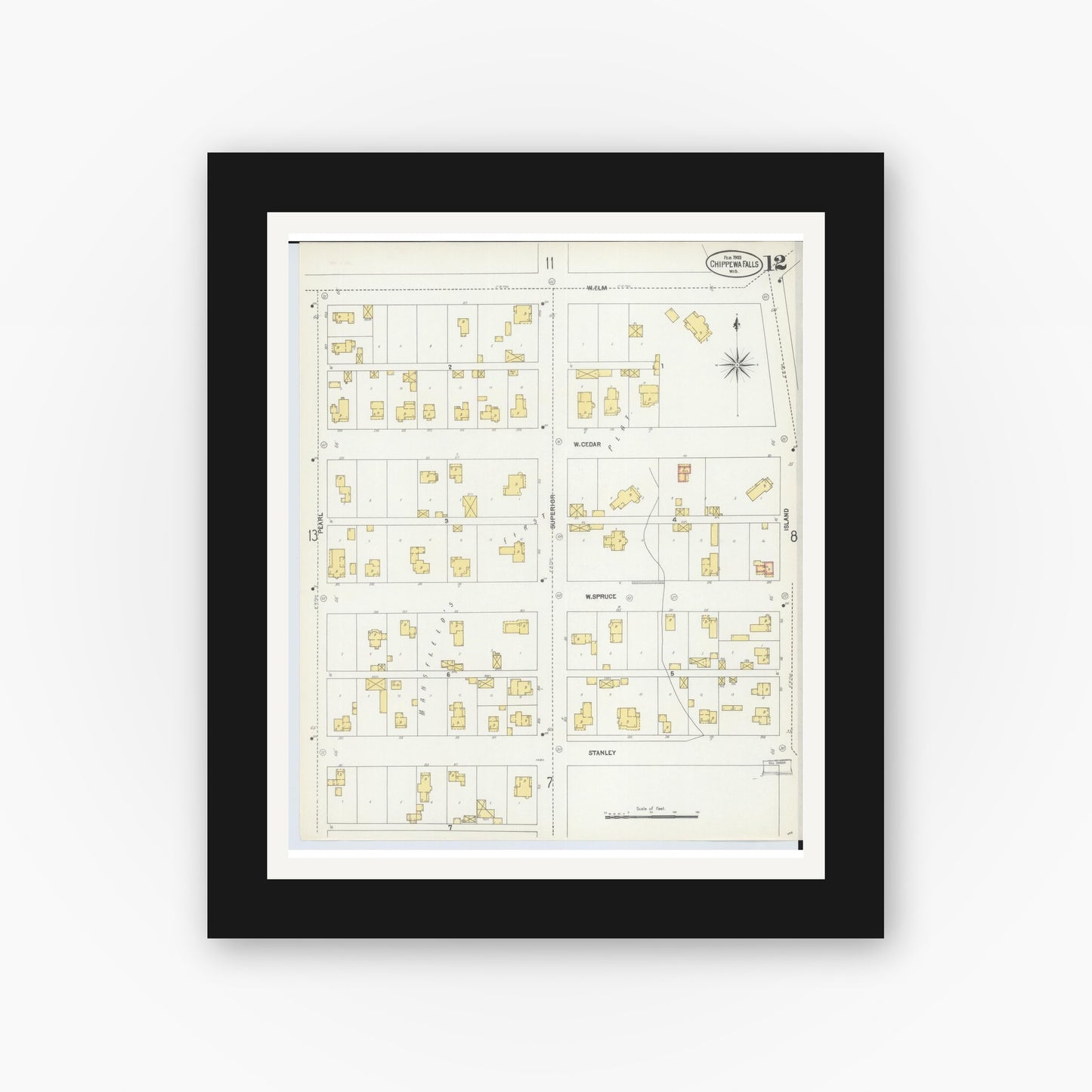 Old map wall art mockup — black gallery frame with white mat — Sanborn Fire Insurance Map from Chippewa Falls, Chippewa County, Wisconsin (1903), Sheet #0012