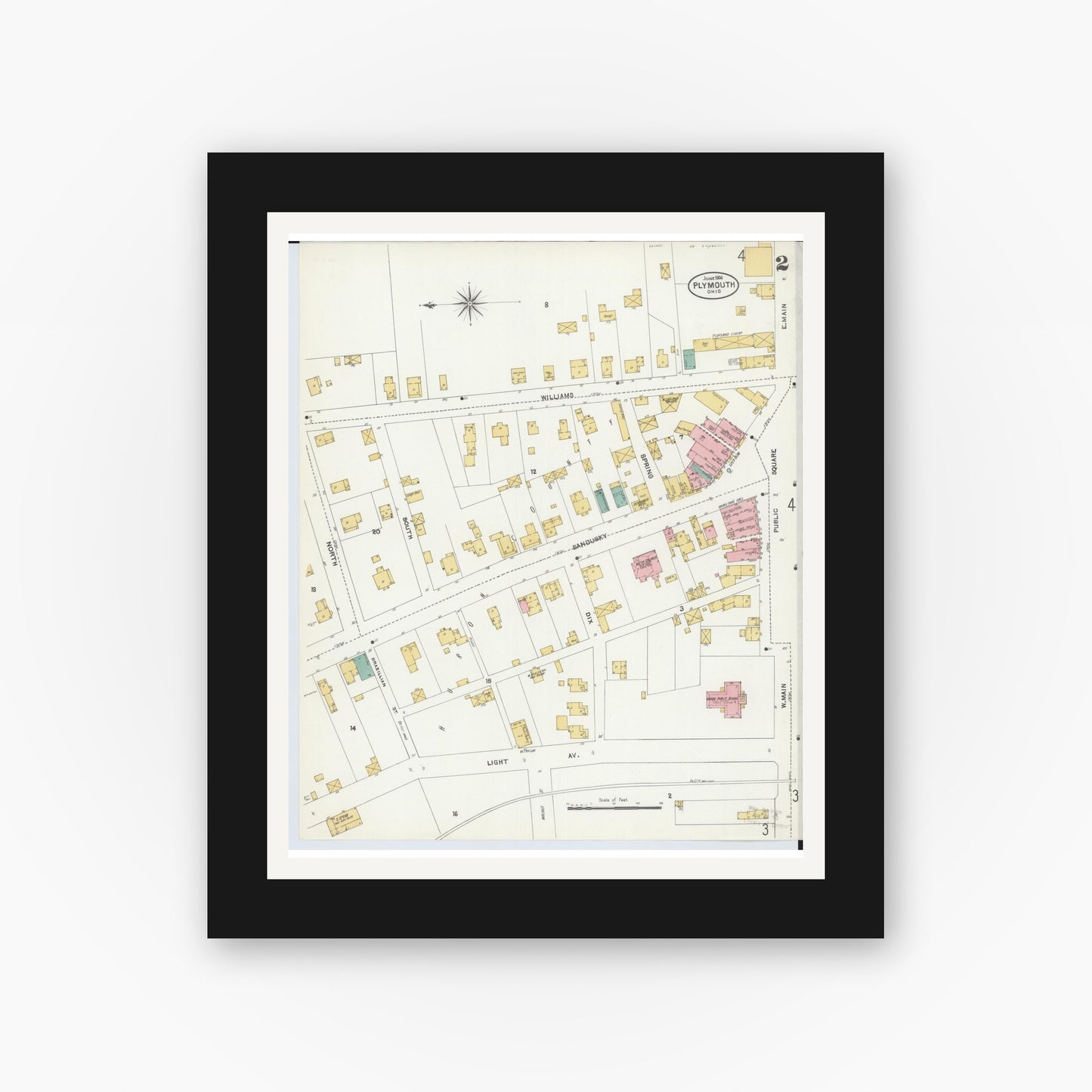 Old map wall art mockup — black gallery frame with white mat — Sanborn Fire Insurance Map from Plymouth, Huron And Richland Counties, Ohio (1904), Sheet #0002