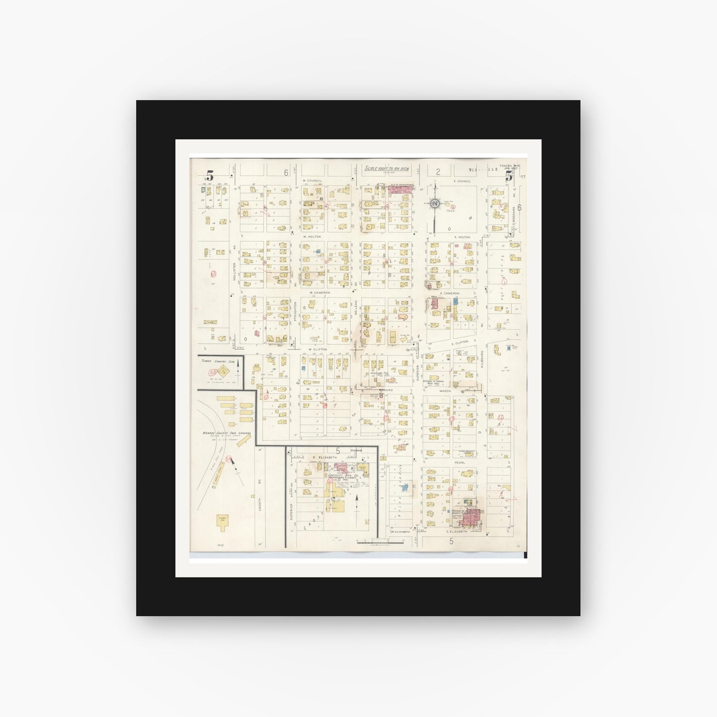 Old map wall art mockup — black gallery frame with white mat — Sanborn Fire Insurance Map from Tomah, Monroe County, Wisconsin (1944), Sheet #0005