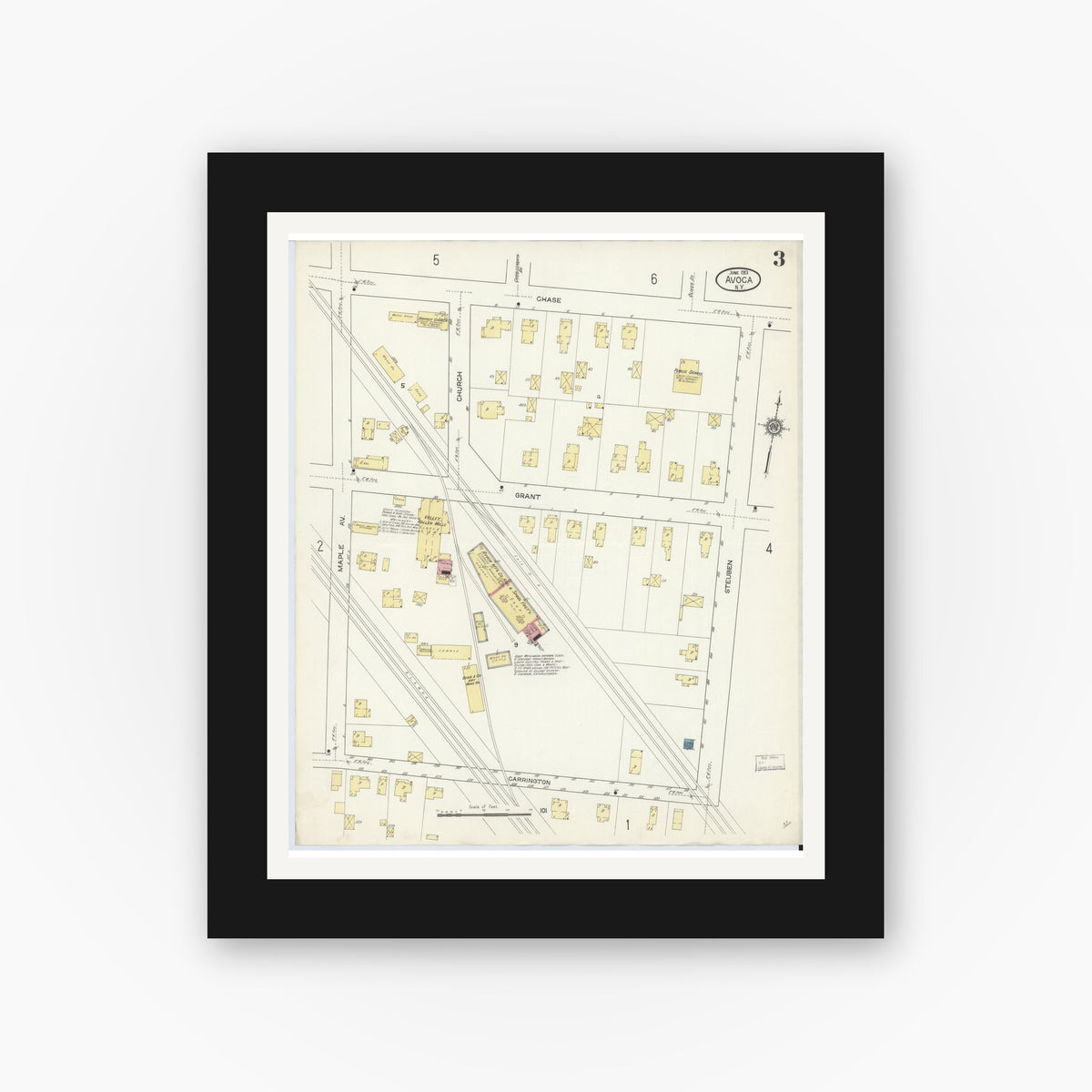 Old map wall art mockup — black gallery frame with white mat — Sanborn Fire Insurance Map from Avoca, Steuben County, New York (1913), Sheet #0003