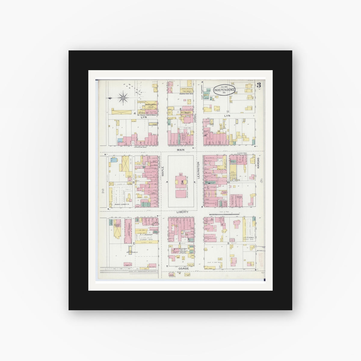 Old map wall art mockup — black gallery frame with white mat — Sanborn Fire Insurance Map from Independence, Jackson County, Missouri (1892), Sheet #0003