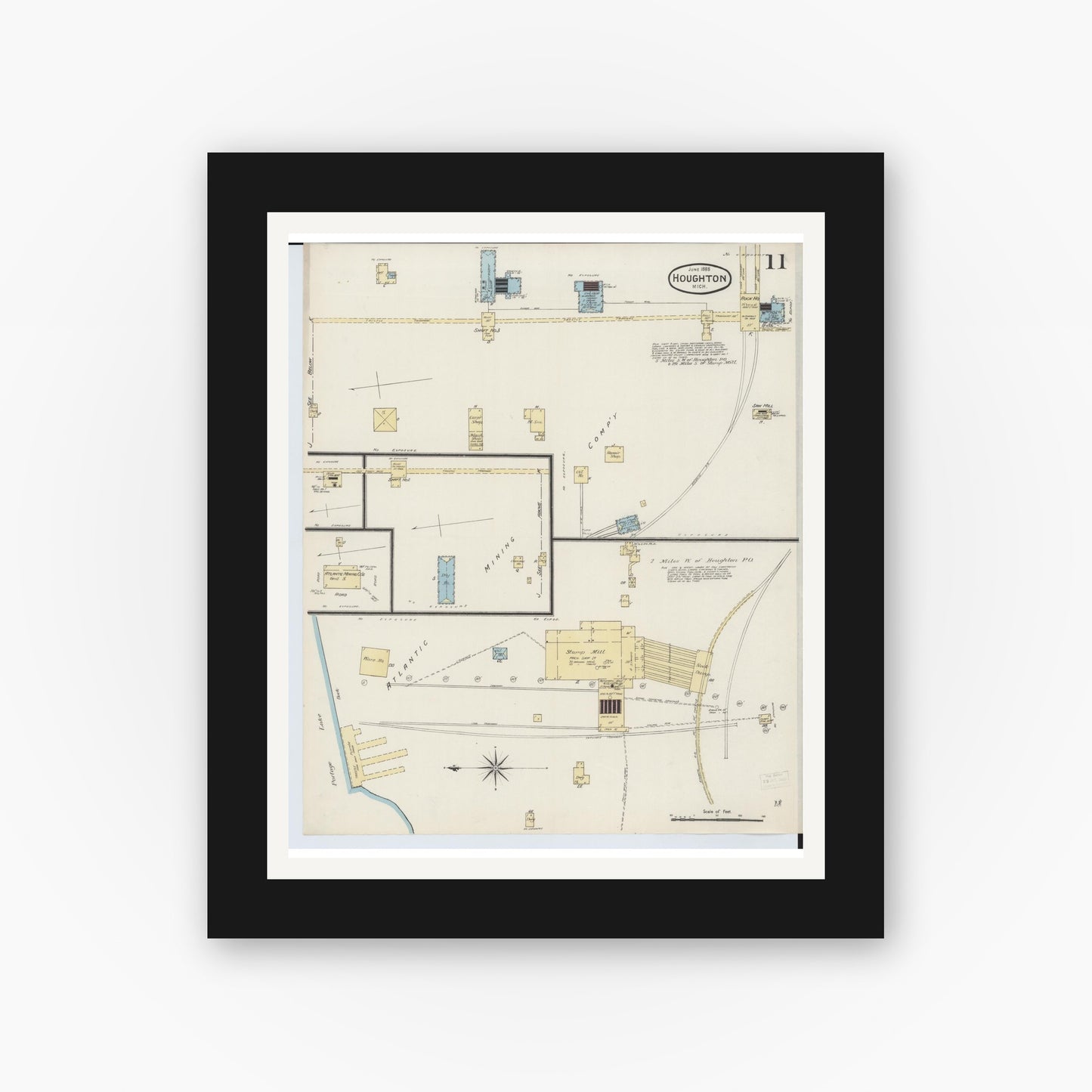 Old map wall art mockup — black gallery frame with white mat — Sanborn Fire Insurance Map from Houghton, Houghton County, Michigan (1888), Sheet #0011