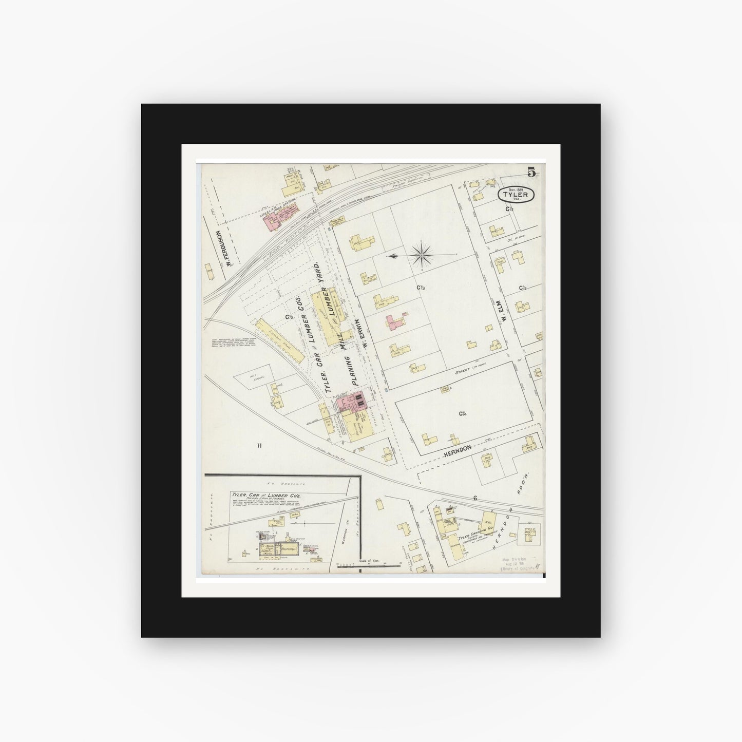 Old map wall art mockup — black gallery frame with white mat — Sanborn Fire Insurance Map from Tyler, Smith County, Texas (1889), Sheet #0005