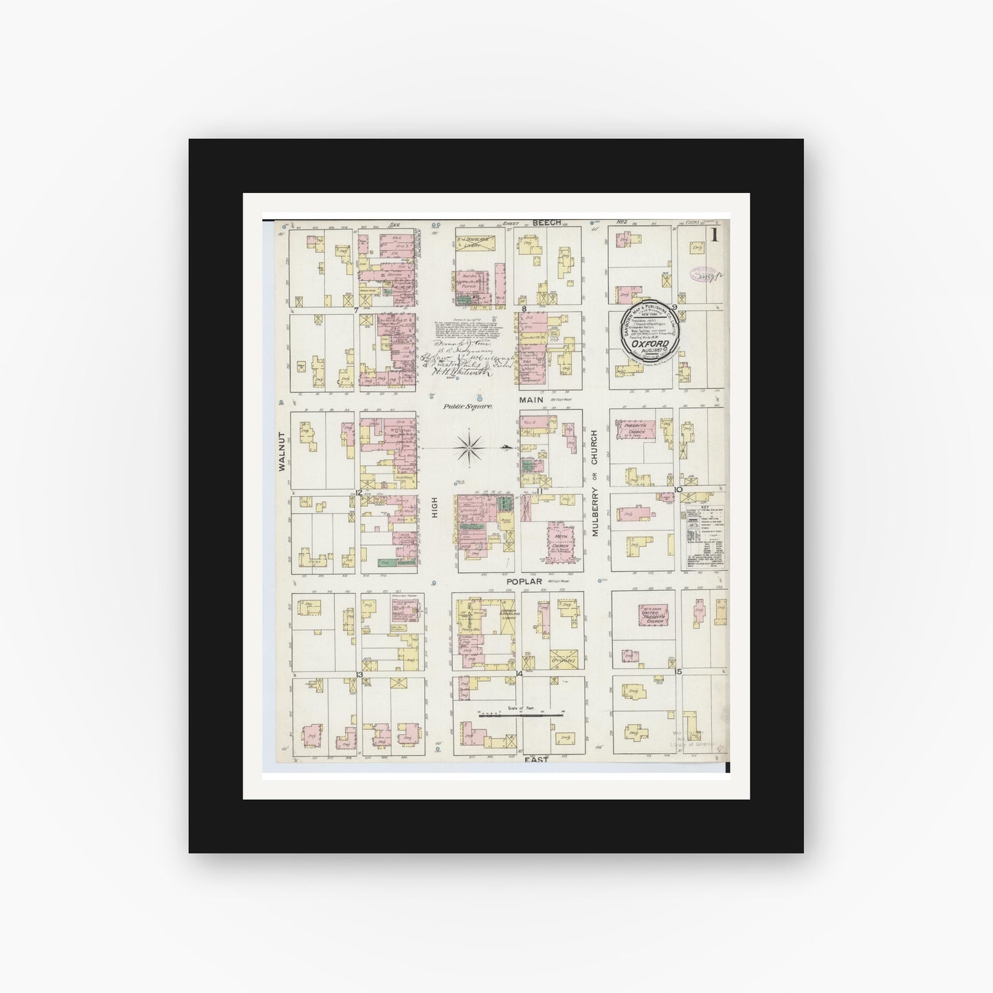 Old map wall art mockup — black gallery frame with white mat — Sanborn Fire Insurance Map from Oxford, Butler County, Ohio (1887), Sheet #0001