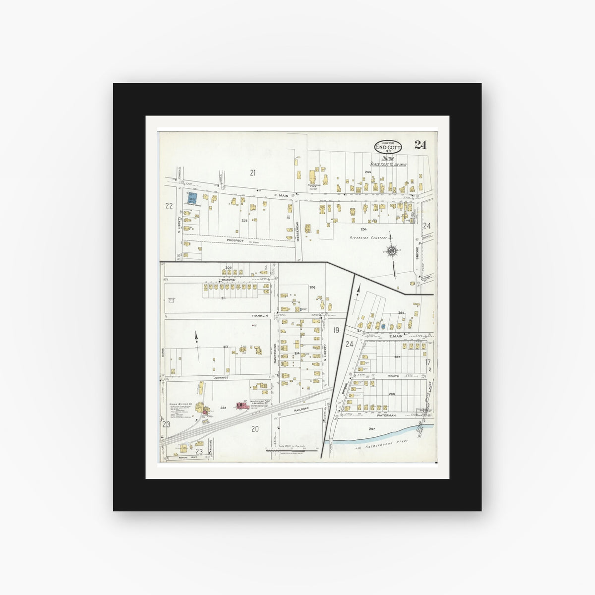 Old map wall art mockup — black gallery frame with white mat — Sanborn Fire Insurance Map from Endicott, Broome County, New York (1918), Sheet #0024