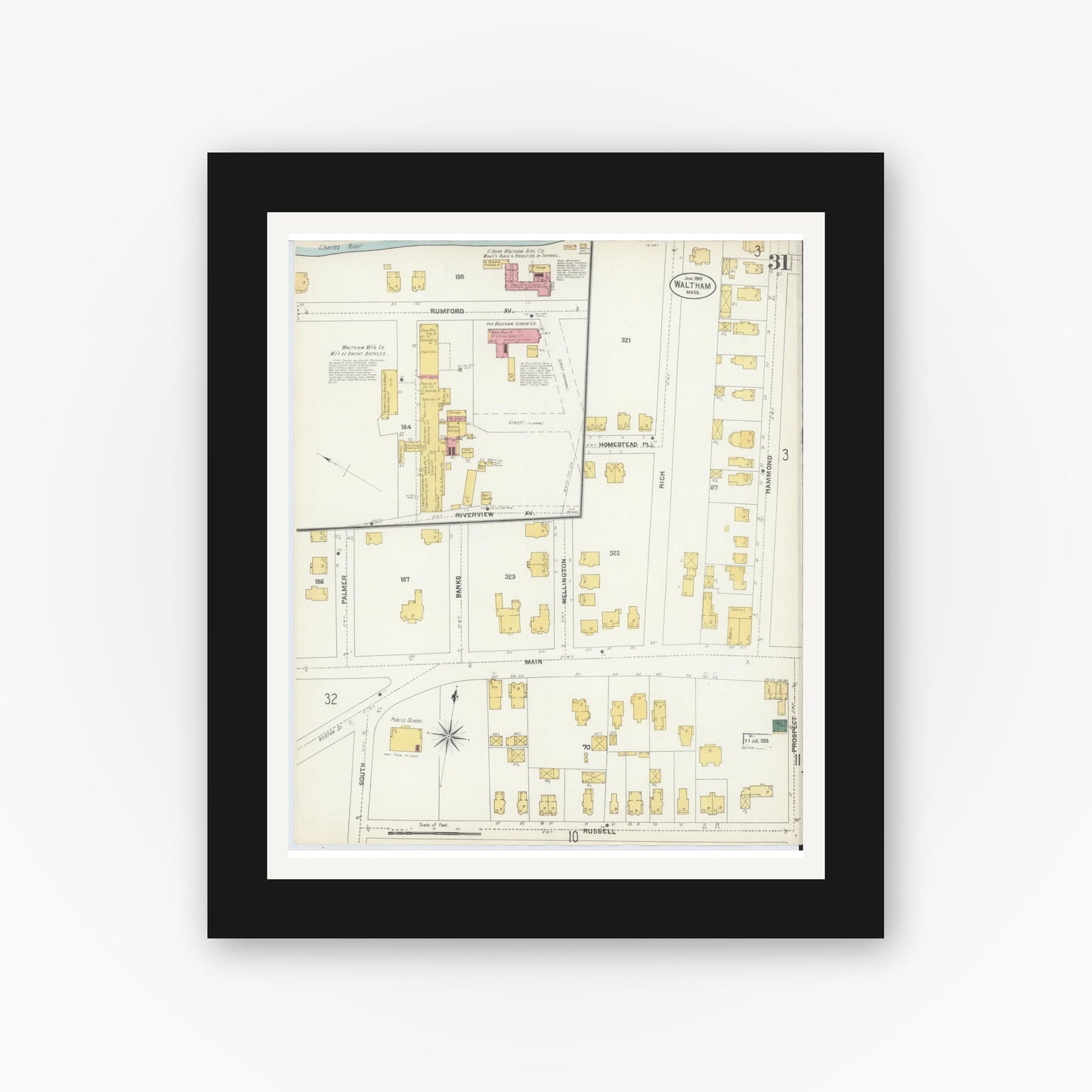 Old map wall art mockup — black gallery frame with white mat — Sanborn Fire Insurance Map from Waltham, Middlesex County, Massachusetts (1903), Sheet #0031