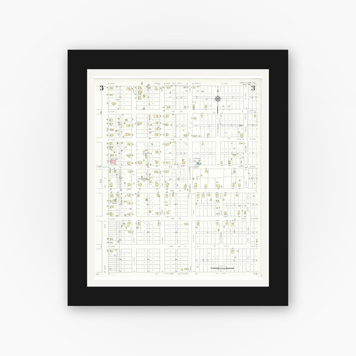 Old map wall art mockup — black gallery frame with white mat — Sanborn Fire Insurance Map from Cross Plains, Callahan County, Texas (1939), Sheet #0003