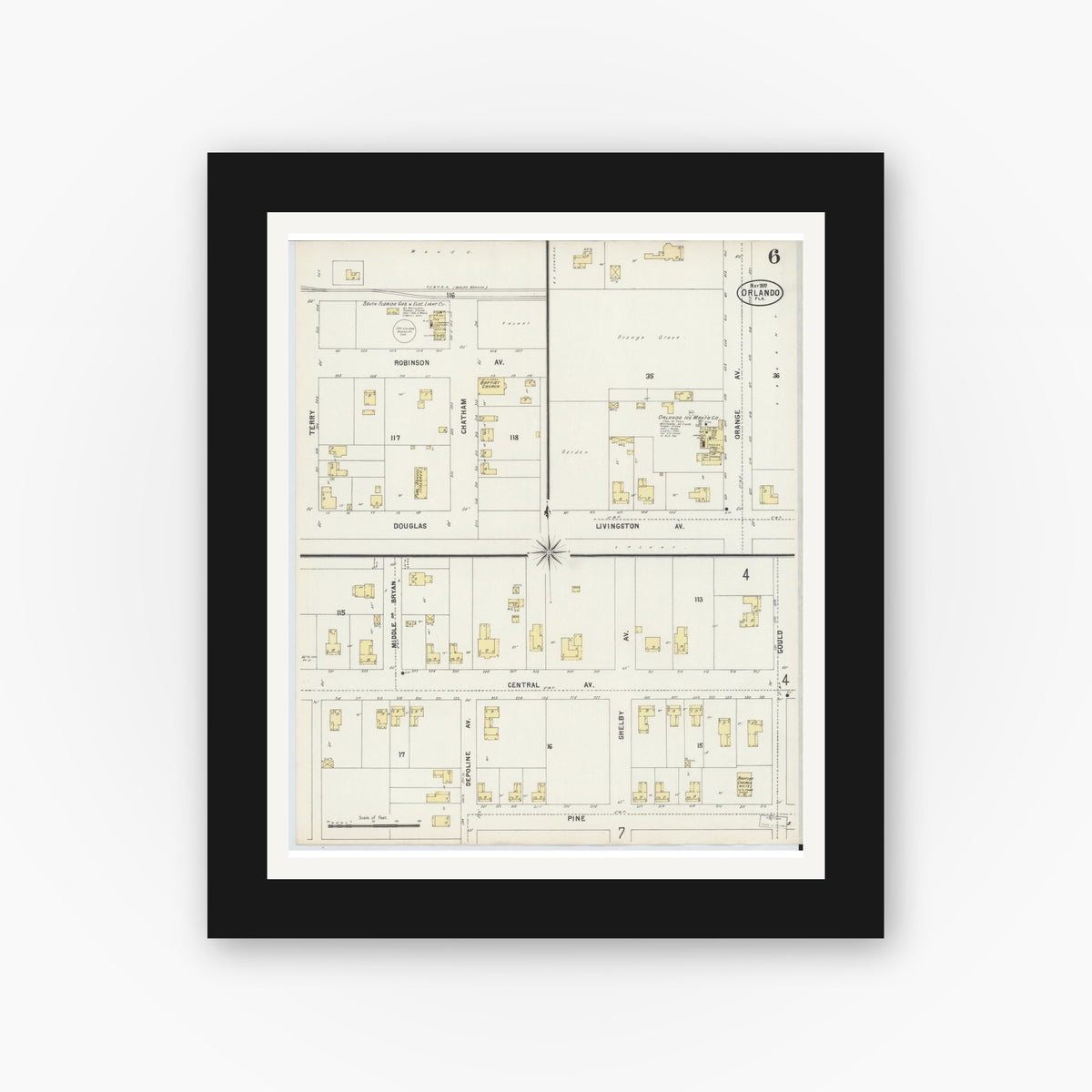 Old map wall art mockup — black gallery frame with white mat — Sanborn Fire Insurance Map from Orlando, Orange County, Florida (1897), Sheet #0006