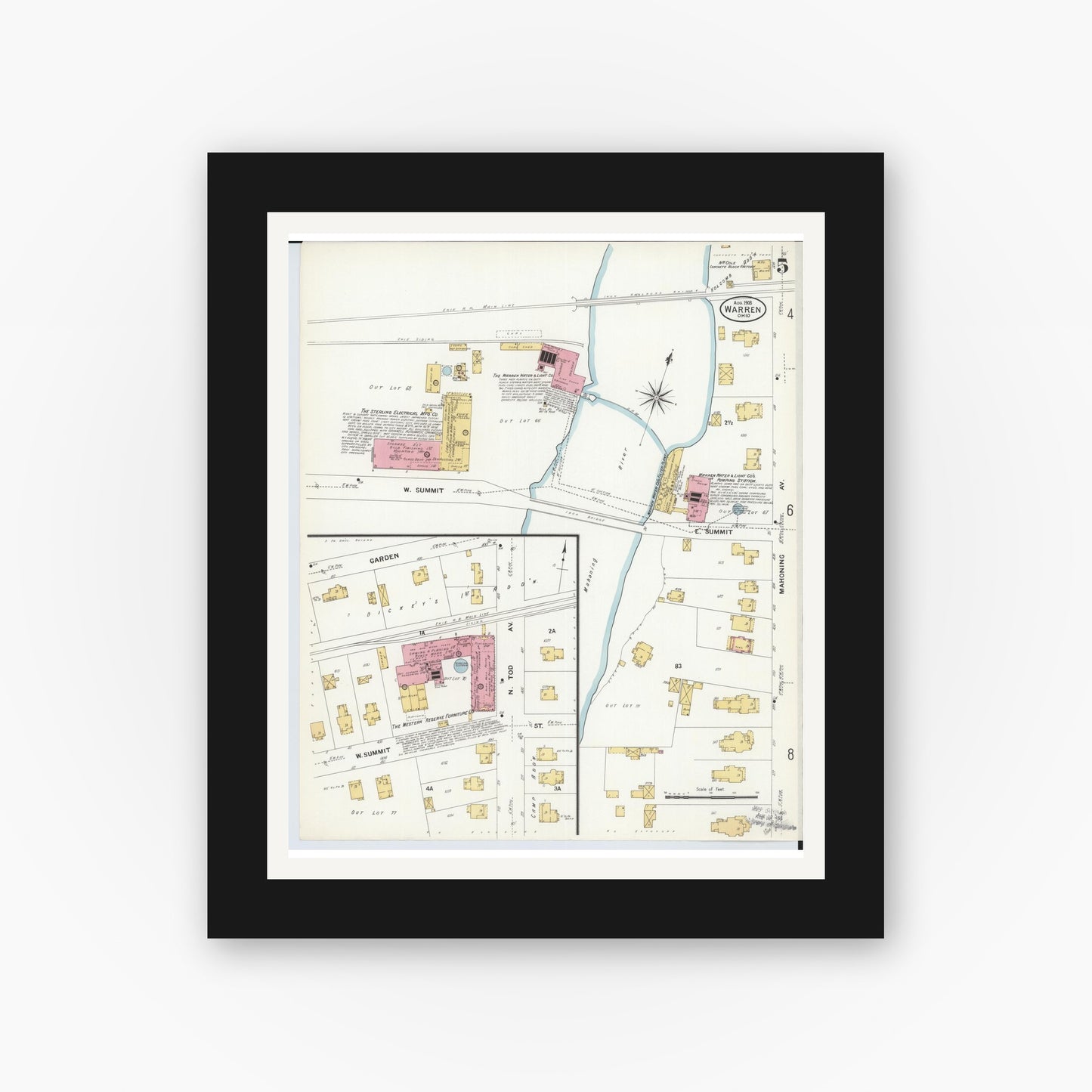 Old map wall art mockup — black gallery frame with white mat — Sanborn Fire Insurance Map from Warren, Trumbull County, Ohio (1908), Sheet #0005
