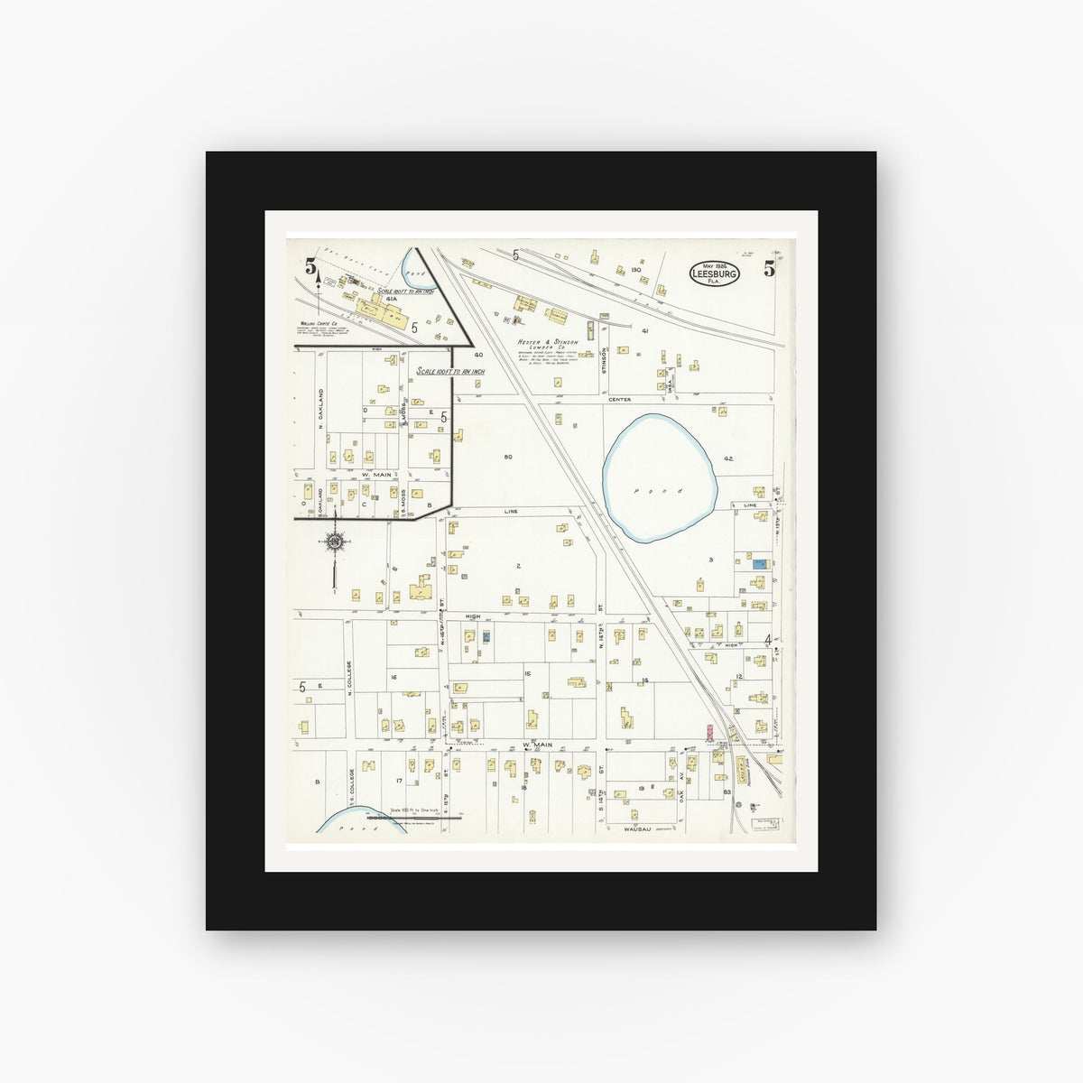 Old map wall art mockup — black gallery frame with white mat — Sanborn Fire Insurance Map from Leesburg, Lake County, Florida (1924), Sheet #0005