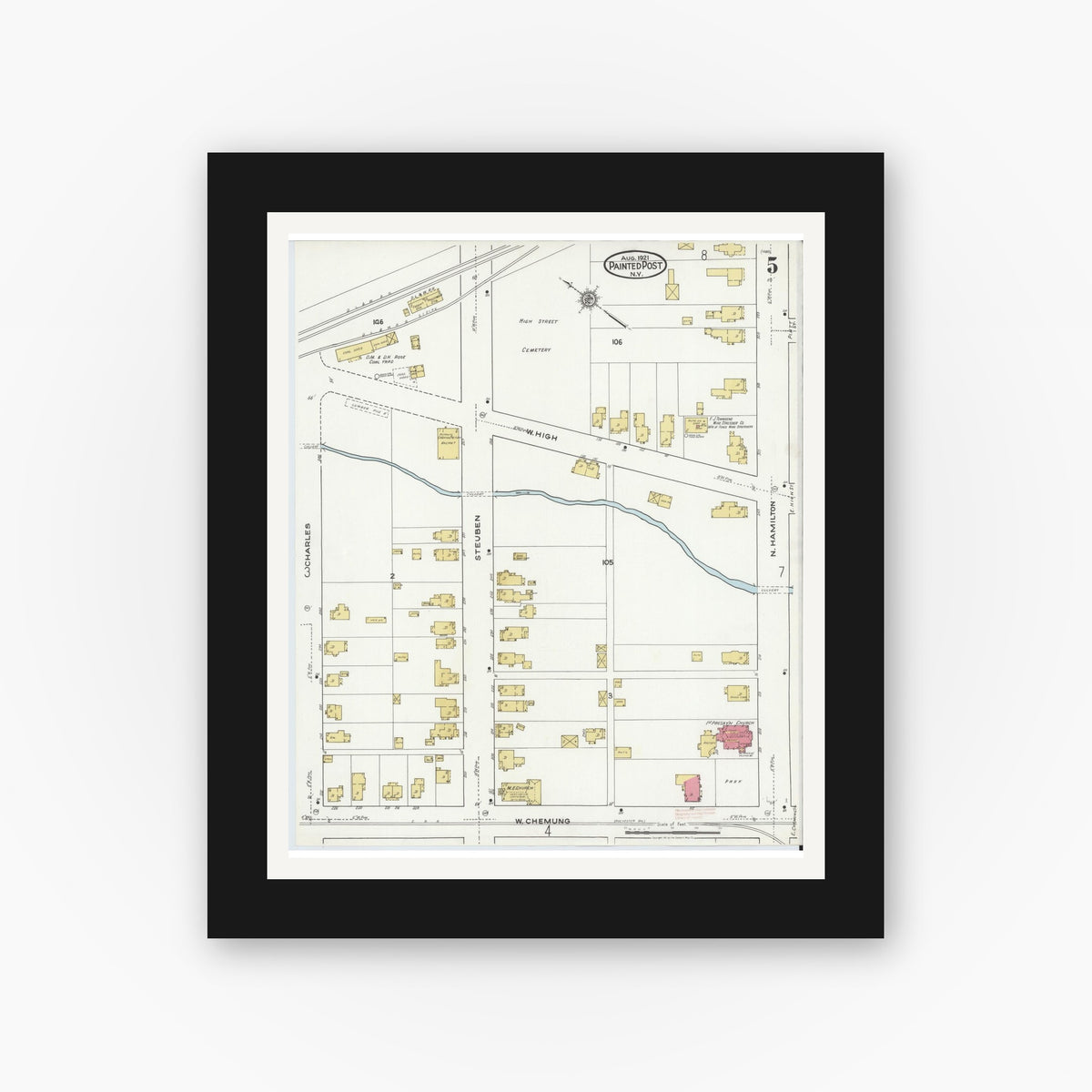 Old map wall art mockup — black gallery frame with white mat — Sanborn Fire Insurance Map from Painted Post, Steuben County, New York (1921), Sheet #0005