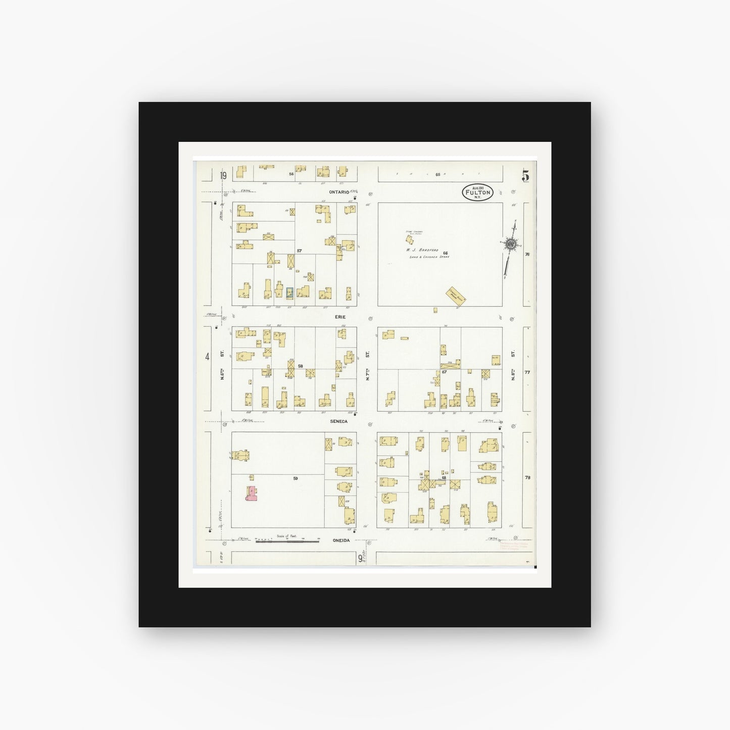 Old map wall art mockup — black gallery frame with white mat — Sanborn Fire Insurance Map from Fulton, Oswego County, New York (1911), Sheet #0005