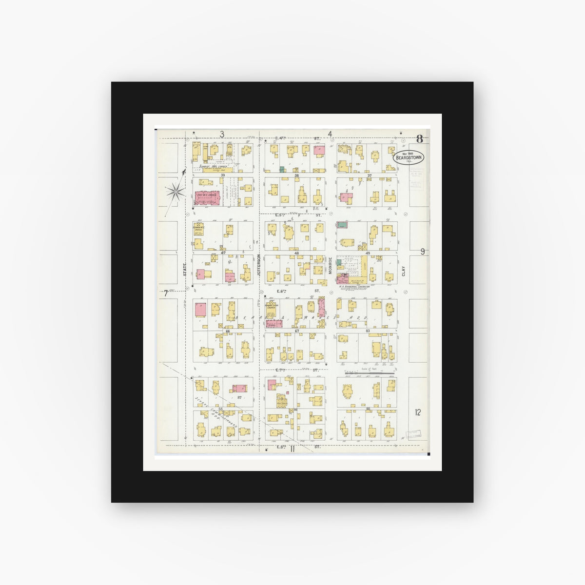 Old map wall art mockup — black gallery frame with white mat — Sanborn Fire Insurance Map from Beardstown, Cass County, Illinois (1900), Sheet #0008