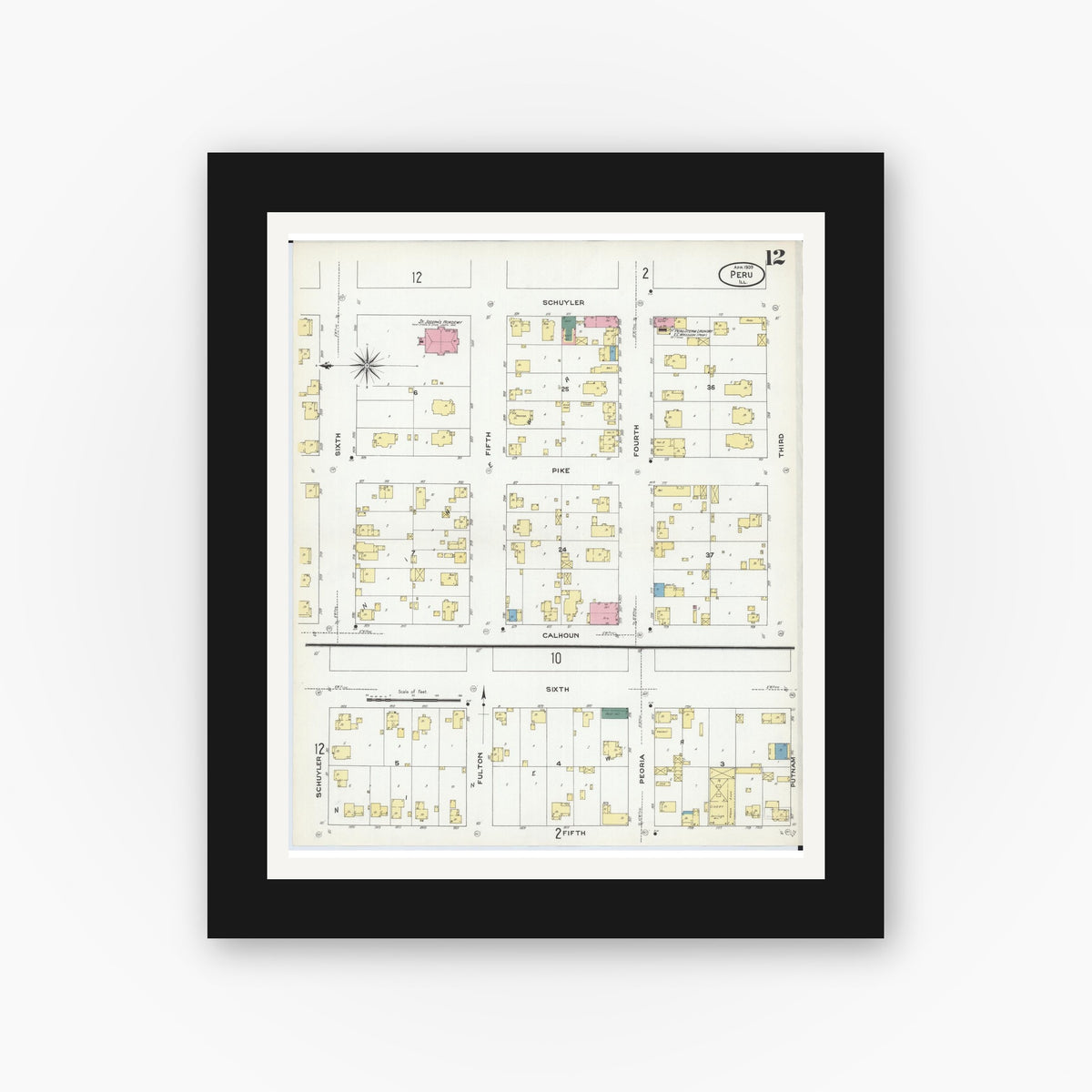 Old map wall art mockup — black gallery frame with white mat — Sanborn Fire Insurance Map from Peru, La Salle County, Illinois (1909), Sheet #0012