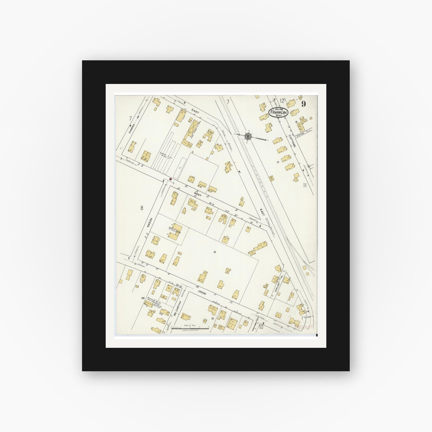 Old map wall art mockup — black gallery frame with white mat — Sanborn Fire Insurance Map from Franklin, Norfolk County, Massachusetts (1919), Sheet #0009