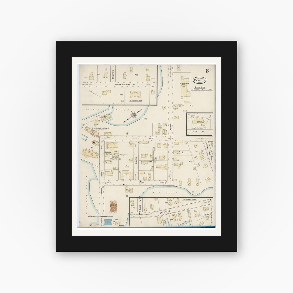 Old map wall art mockup — black gallery frame with white mat — Sanborn Fire Insurance Map from Falmouth, Barnstable County, Massachusetts (1914), Sheet #0008
