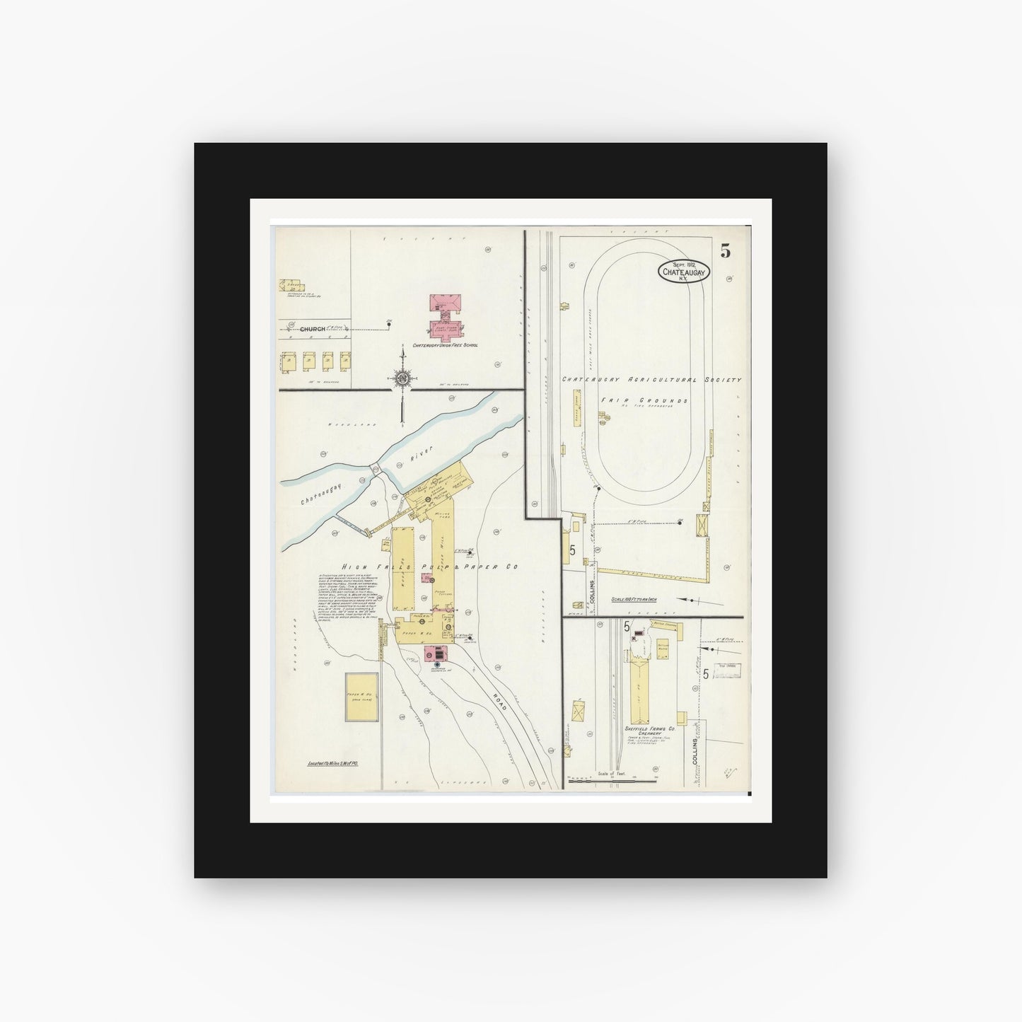 Old map wall art mockup — black gallery frame with white mat — Sanborn Fire Insurance Map from Chateaugay, Franklin County, New York (1912), Sheet #0005