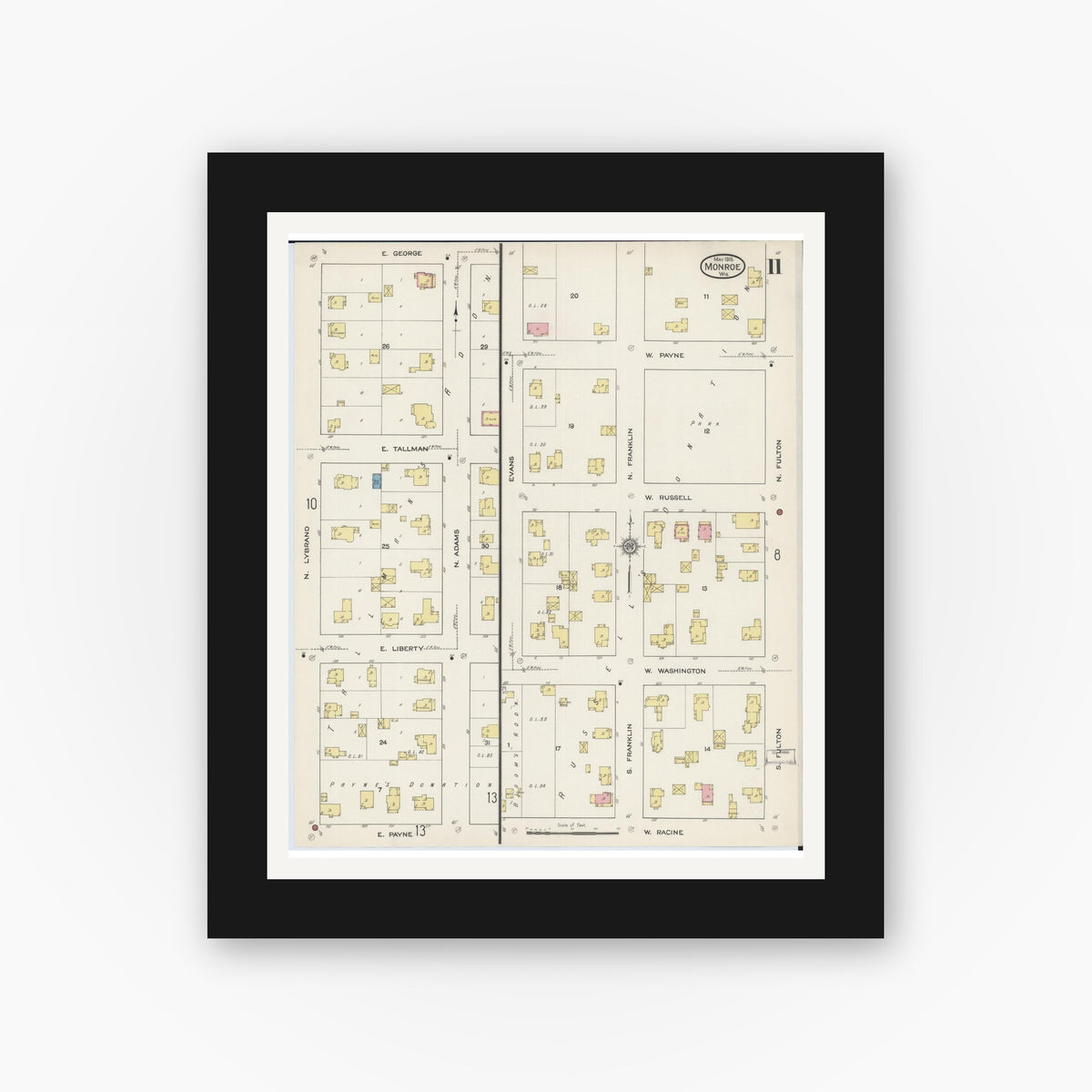 Old map wall art mockup — black gallery frame with white mat — Sanborn Fire Insurance Map from Monroe, Green County, Wisconsin (1915), Sheet #0011