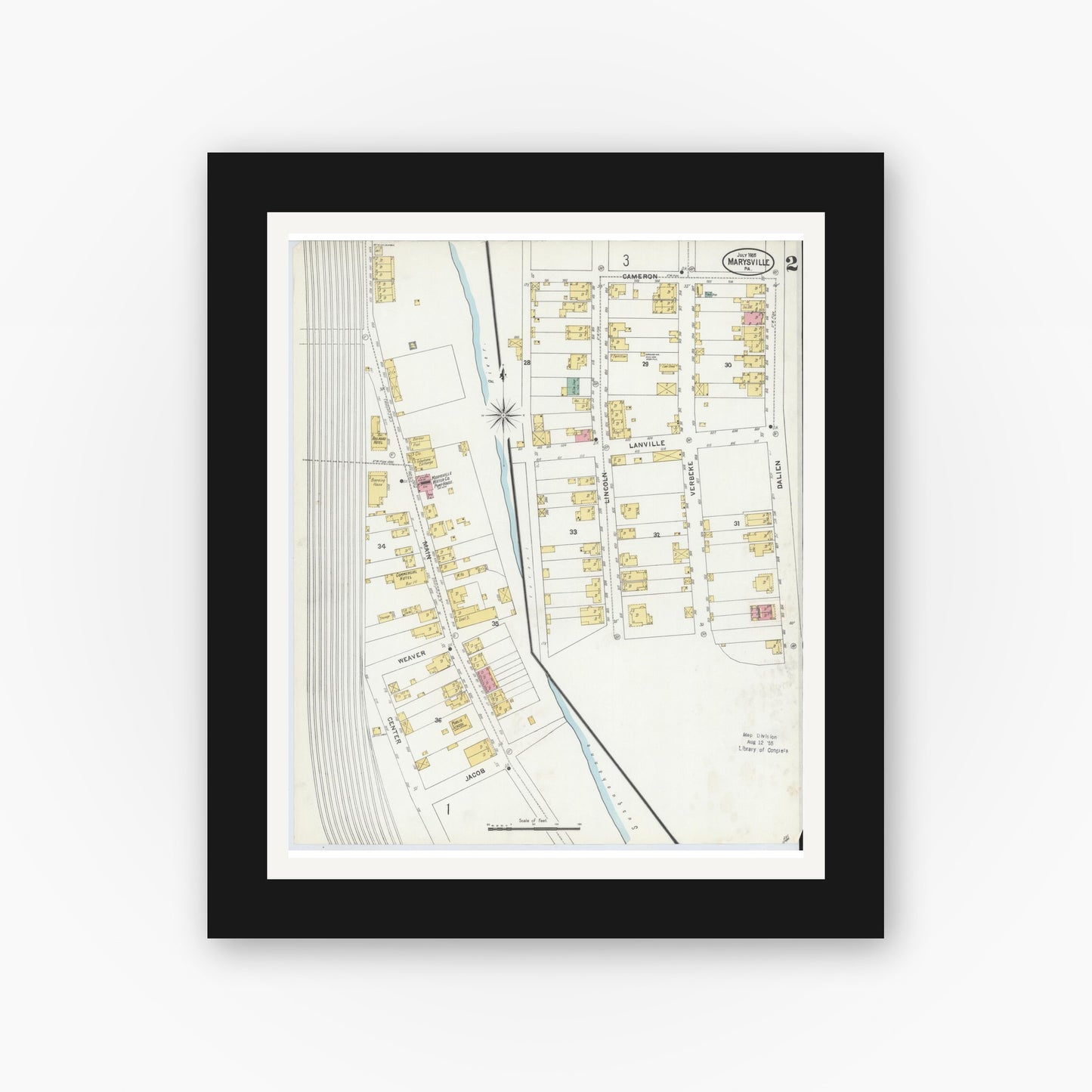 Old map wall art mockup — black gallery frame with white mat — Sanborn Fire Insurance Map from Marysville, Perry County, Pennsylvania (1905), Sheet #0002