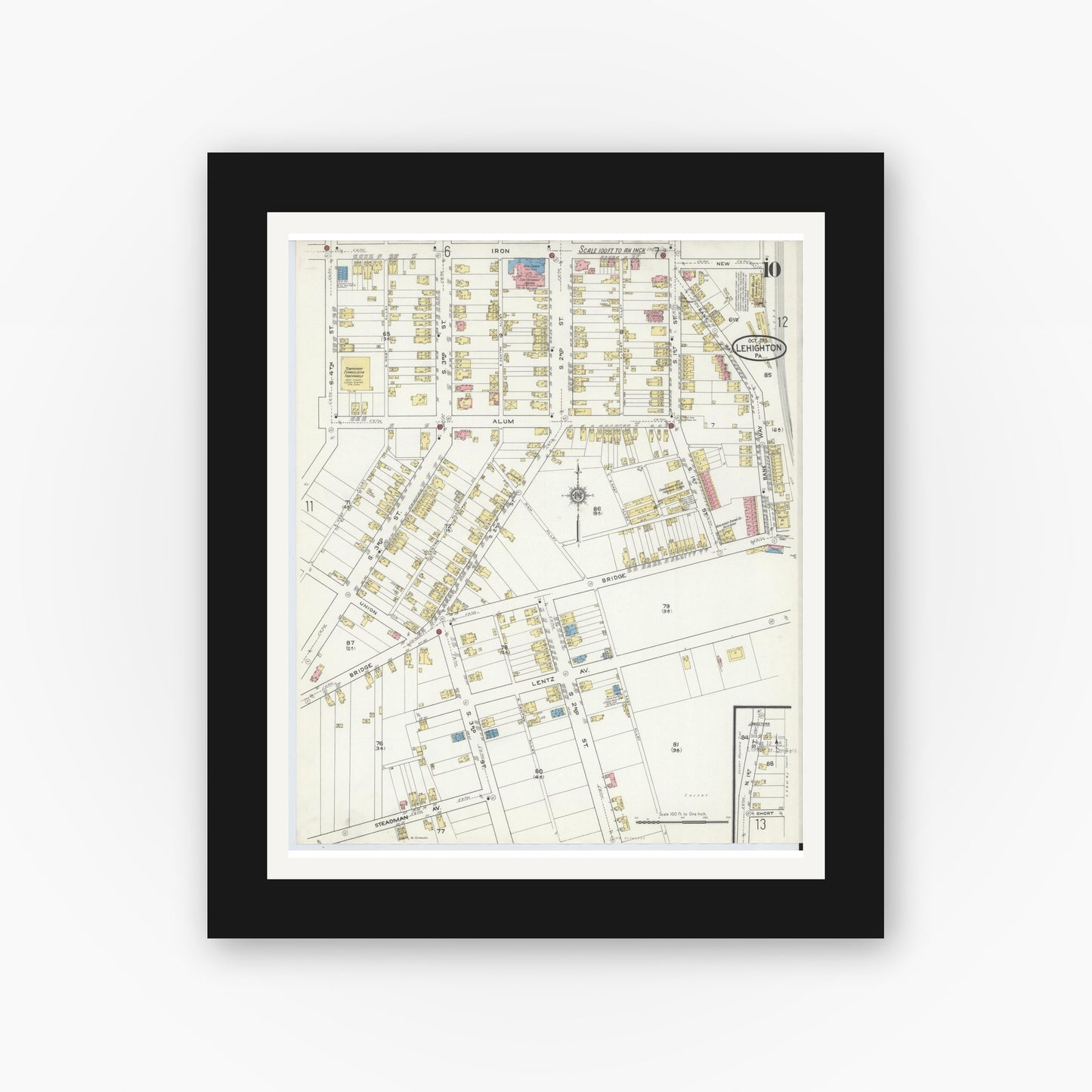 Old map wall art mockup — black gallery frame with white mat — Sanborn Fire Insurance Map from Lehighton, Carbon County, Pennsylvania (1915), Sheet #0010