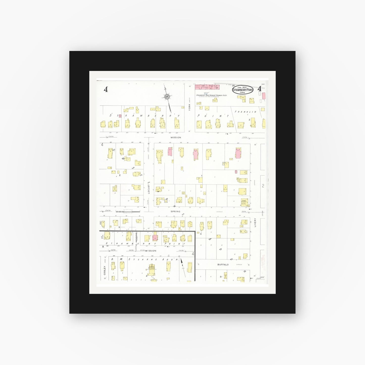 Old map wall art mockup — black gallery frame with white mat — Sanborn Fire Insurance Map from Strawberry Point, Clayton County, Iowa (1931), Sheet #0004