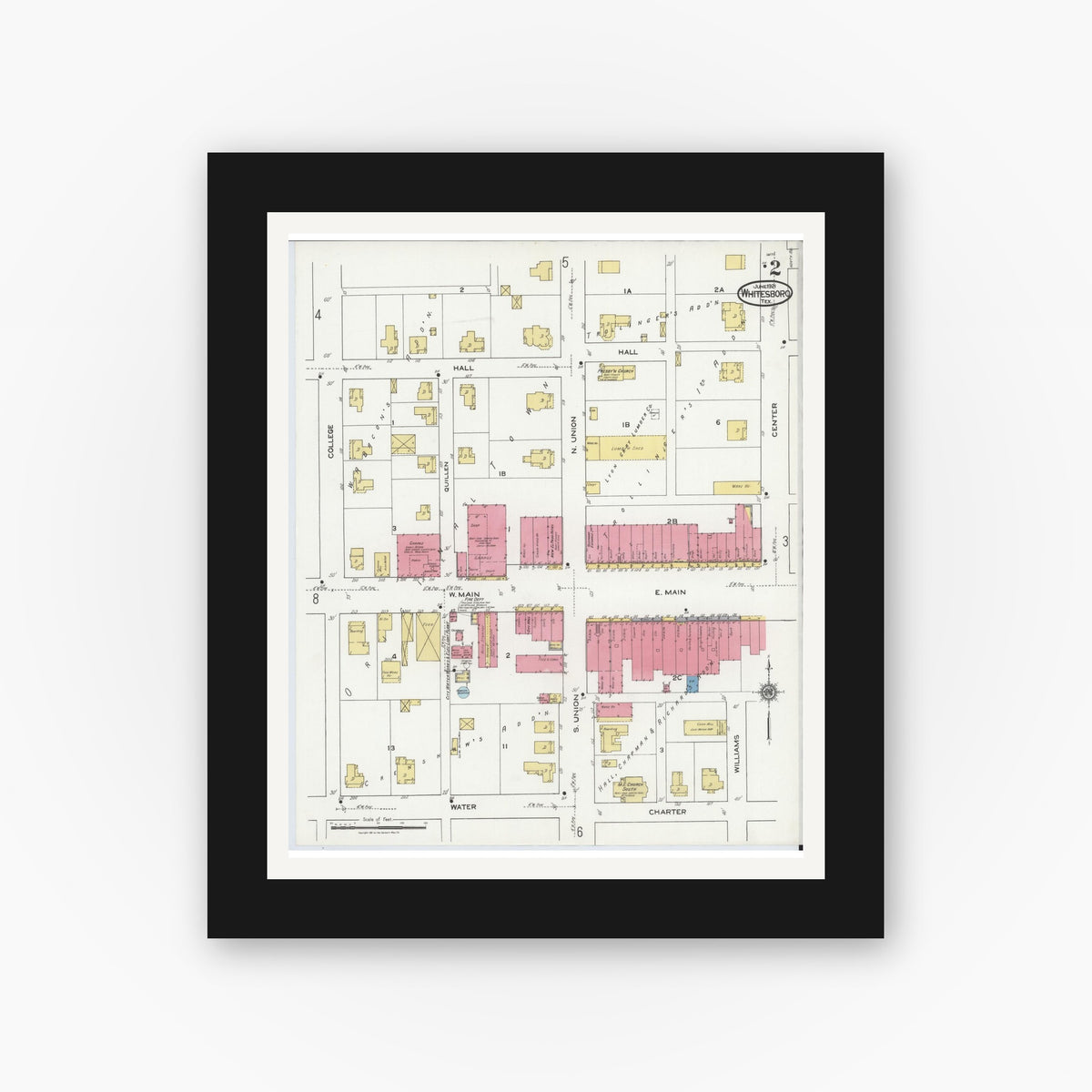 Old map wall art mockup — black gallery frame with white mat — Sanborn Fire Insurance Map from Whitesboro, Grayson County, Texas (1921), Sheet #0002
