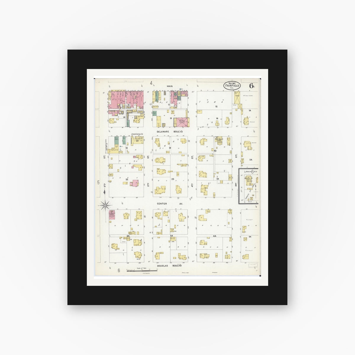 Old map wall art mockup — black gallery frame with white mat — Sanborn Fire Insurance Map from Fairfield, Wayne County, Illinois (1907), Sheet #0006