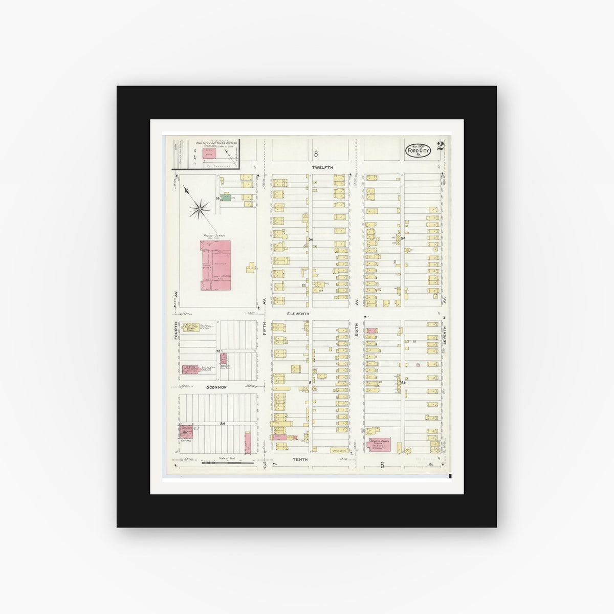 Old map wall art mockup — black gallery frame with white mat — Sanborn Fire Insurance Map from Ford City, Armstrong County, Pennsylvania (1908), Sheet #0002
