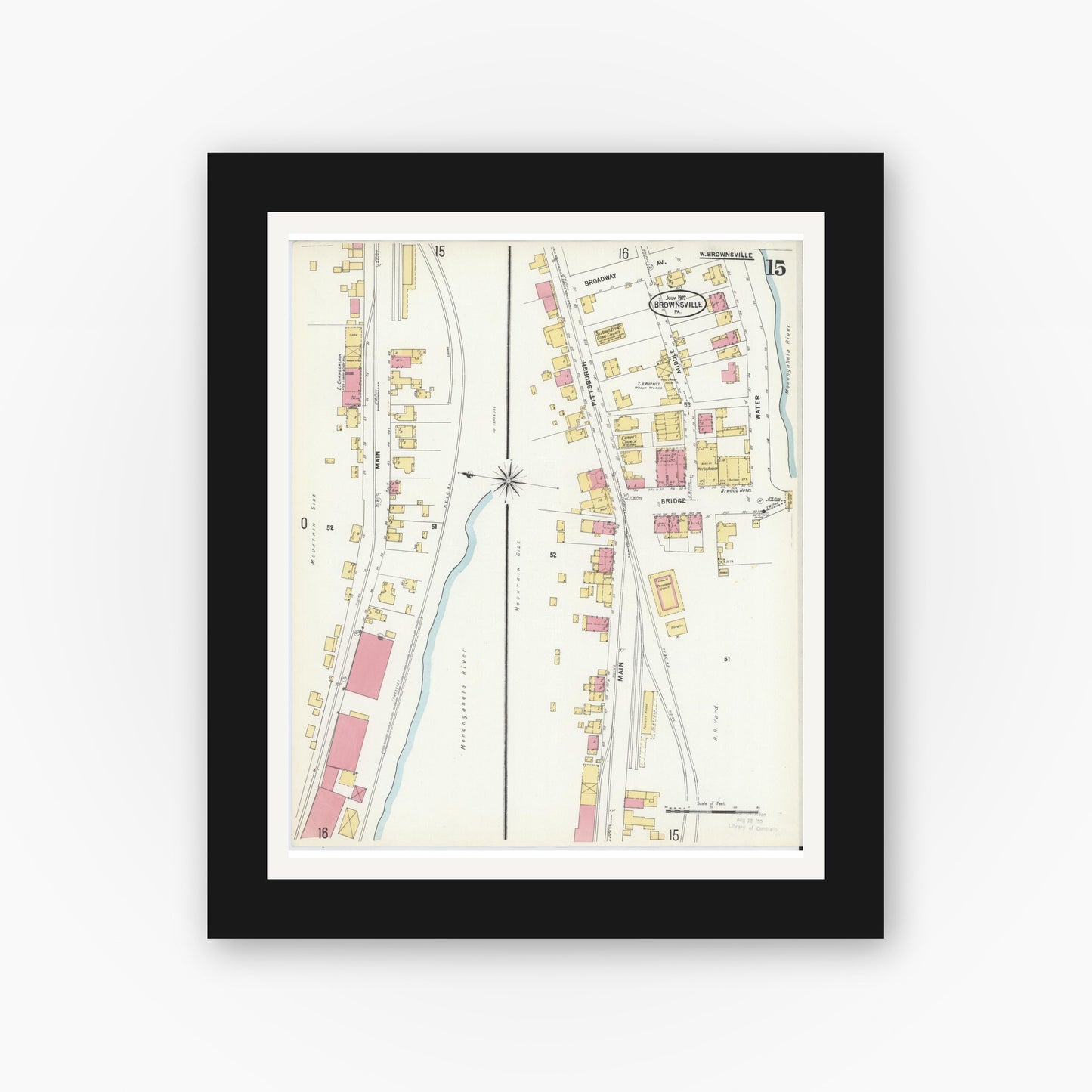 Old map wall art mockup — black gallery frame with white mat — Sanborn Fire Insurance Map from Brownsville, Fayette County, Pennsylvania (1907), Sheet #0015