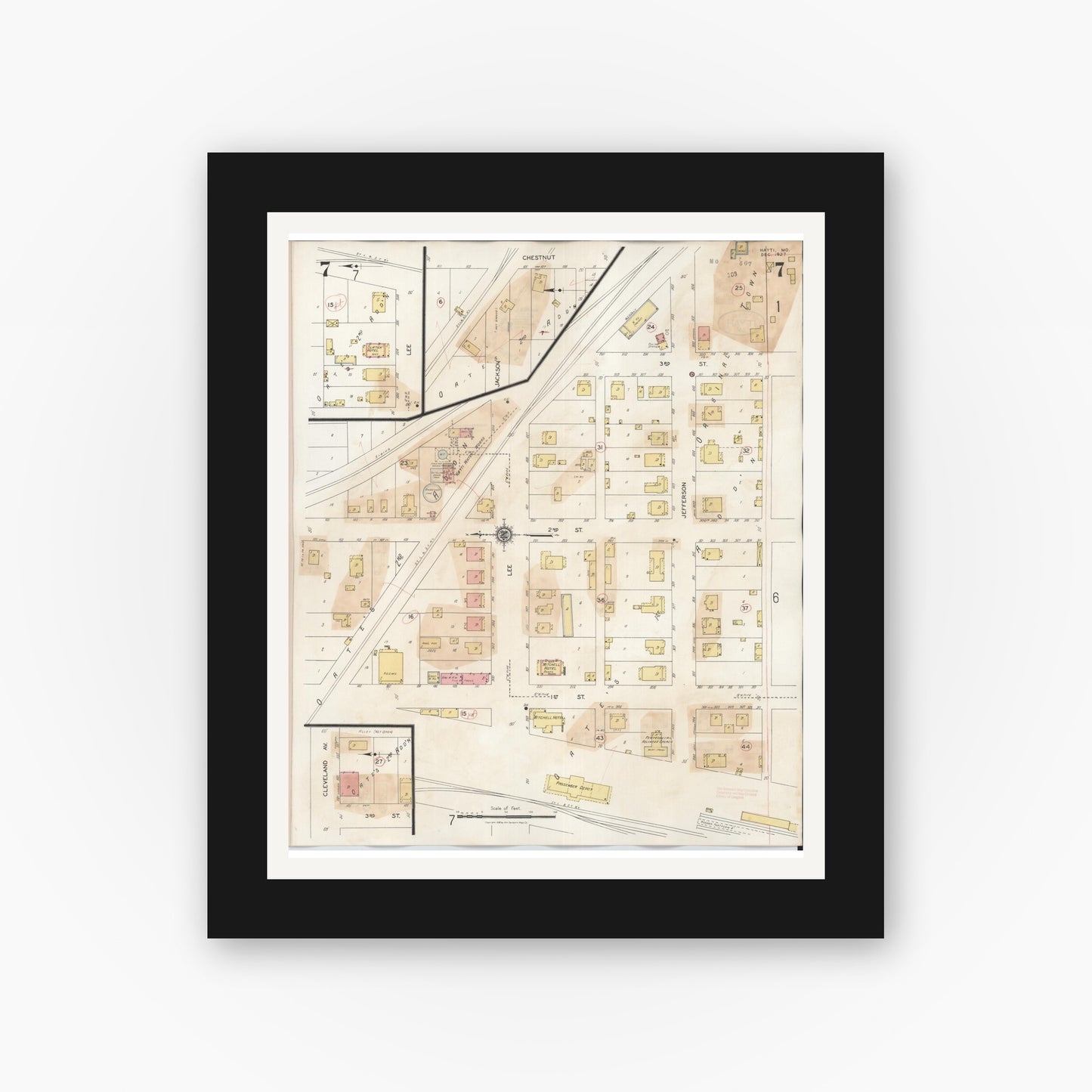 Old map wall art mockup — black gallery frame with white mat — Sanborn Fire Insurance Map from Hayti, Pemiscot County, Missouri (1944), Sheet #0007