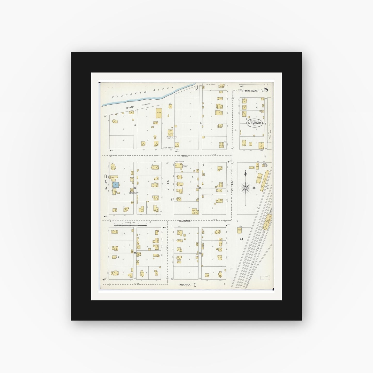 Old map wall art mockup — black gallery frame with white mat — Sanborn Fire Insurance Map from Momence, Kankakee County, Illinois (1907), Sheet #0008