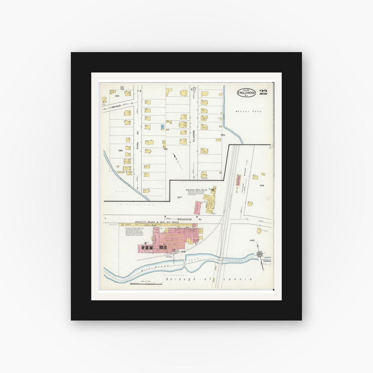 Old map wall art mockup — black gallery frame with white mat — Sanborn Fire Insurance Map from Englewood, Bergen County, New Jersey (1915), Sheet #0022