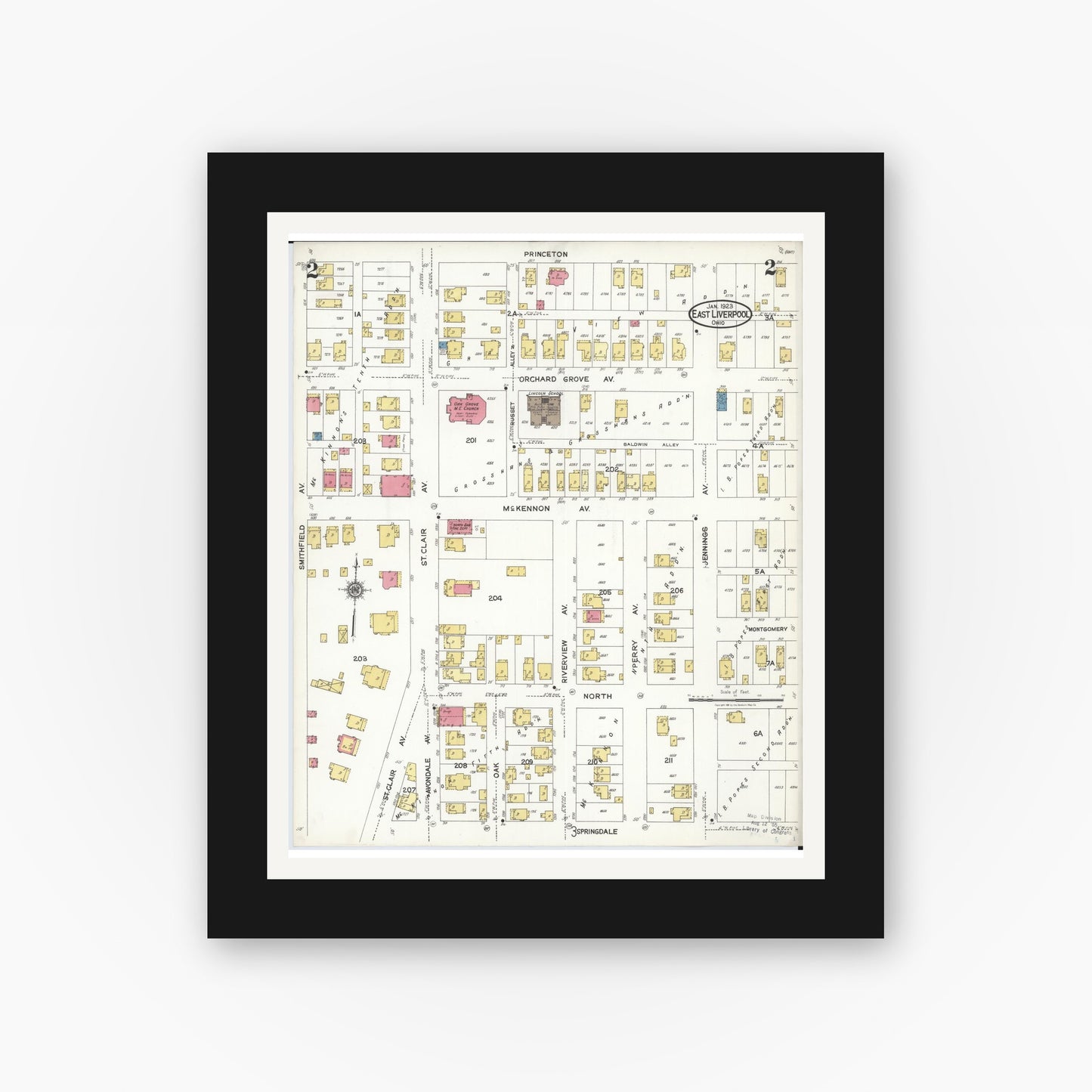 Old map wall art mockup — black gallery frame with white mat — Sanborn Fire Insurance Map from East Liverpool, Columbiana County, Ohio (1923), Sheet #0002