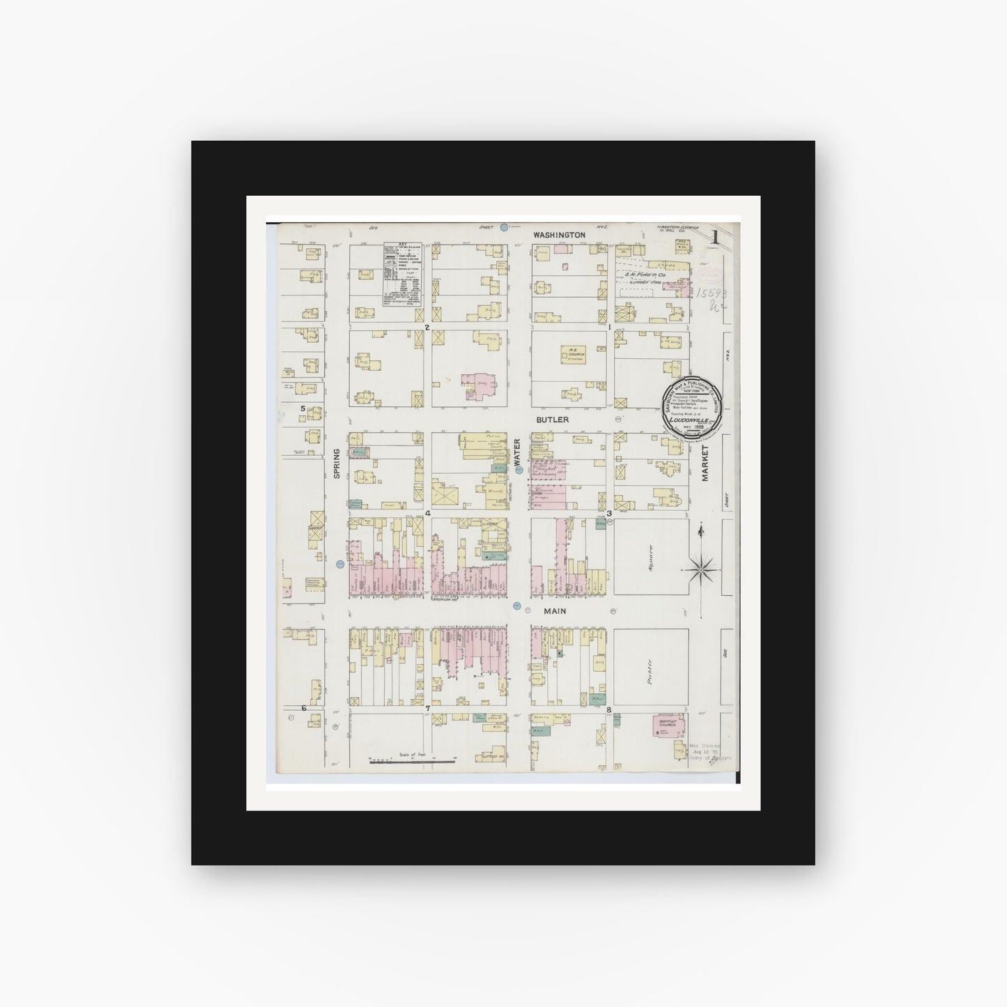 Old map wall art mockup — black gallery frame with white mat — Sanborn Fire Insurance Map from Loudonville, Ashland County, Ohio (1889), Sheet #0001