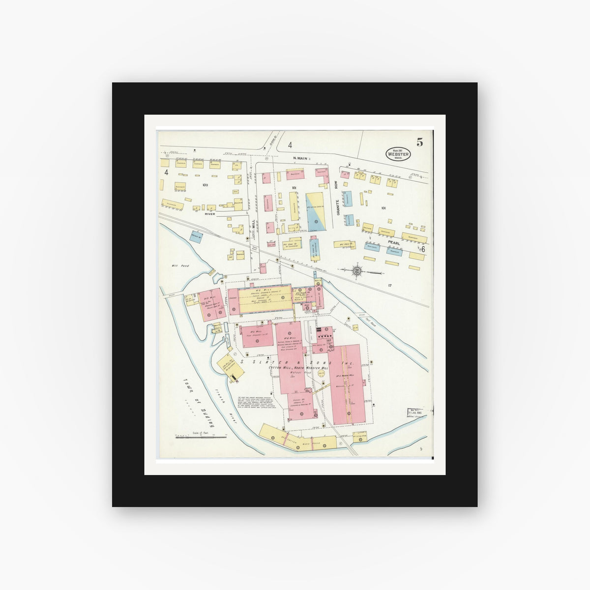 Old map wall art mockup β black gallery frame with white mat β Sanborn Fire Insurance Map from Webster, Worcester County, Massachusetts (1911), Sheet #0005