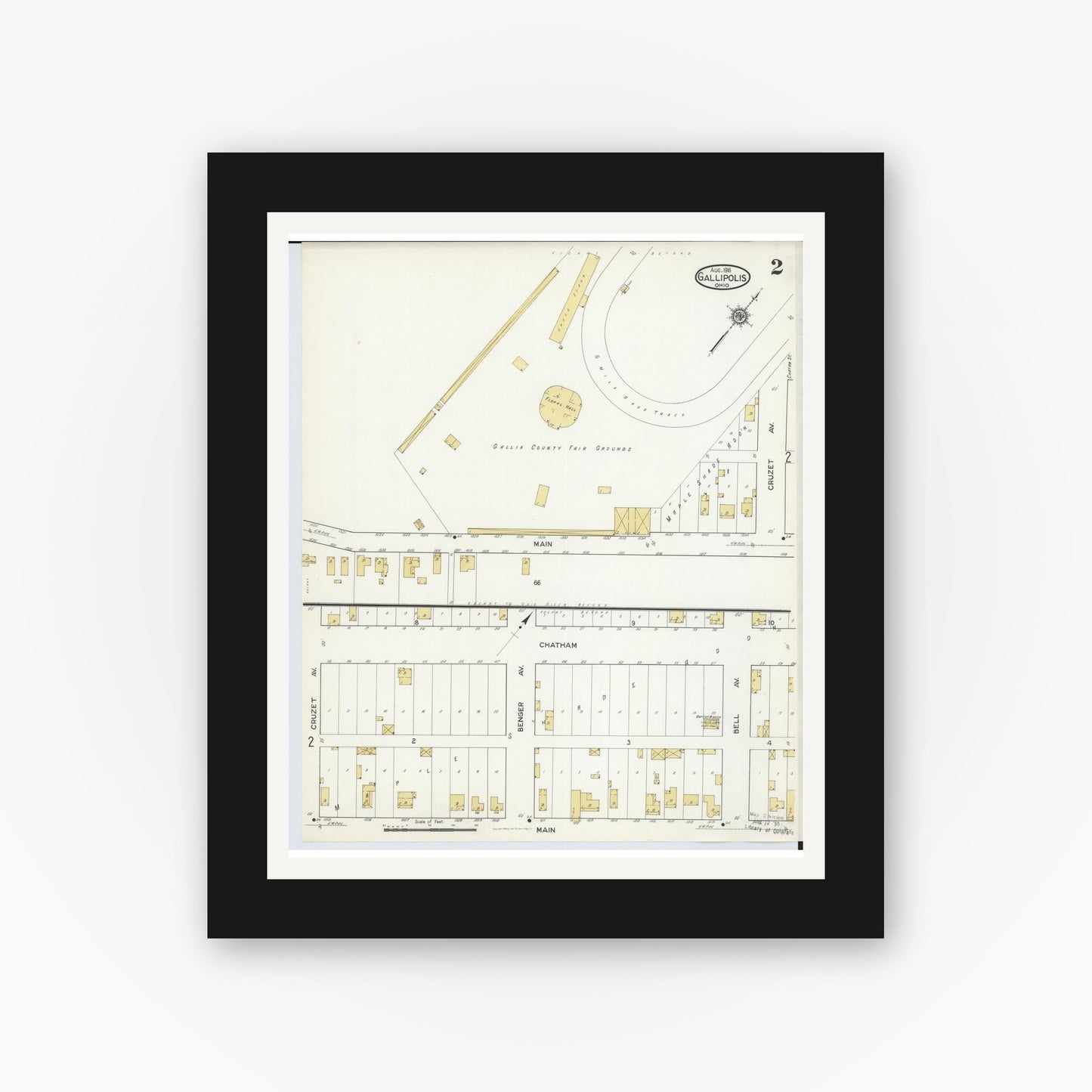Old map wall art mockup — black gallery frame with white mat — Sanborn Fire Insurance Map from Gallipolis, Gallia County, Ohio (1916), Sheet #0002