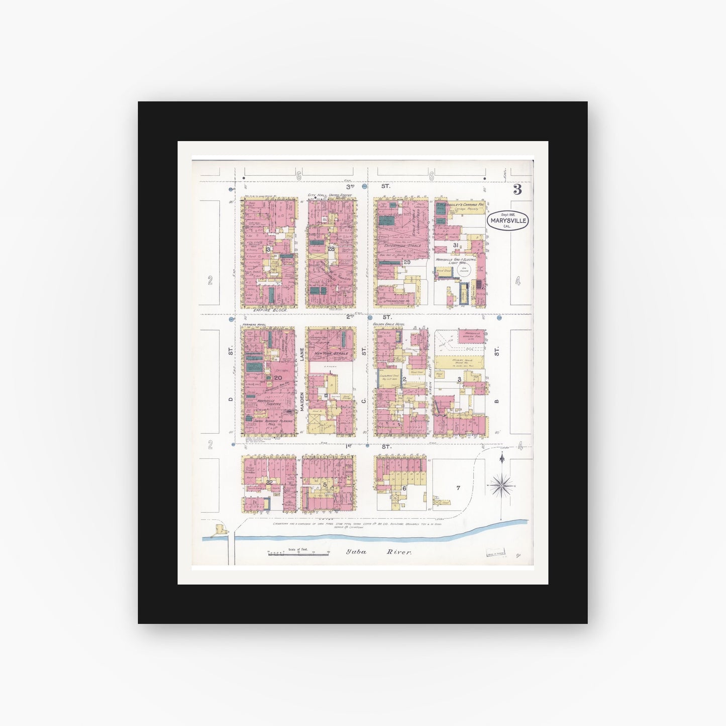 Old map wall art mockup — black gallery frame with white mat — Sanborn Fire Insurance Map from Marysville, Yuba County, California (1895), Sheet #0003