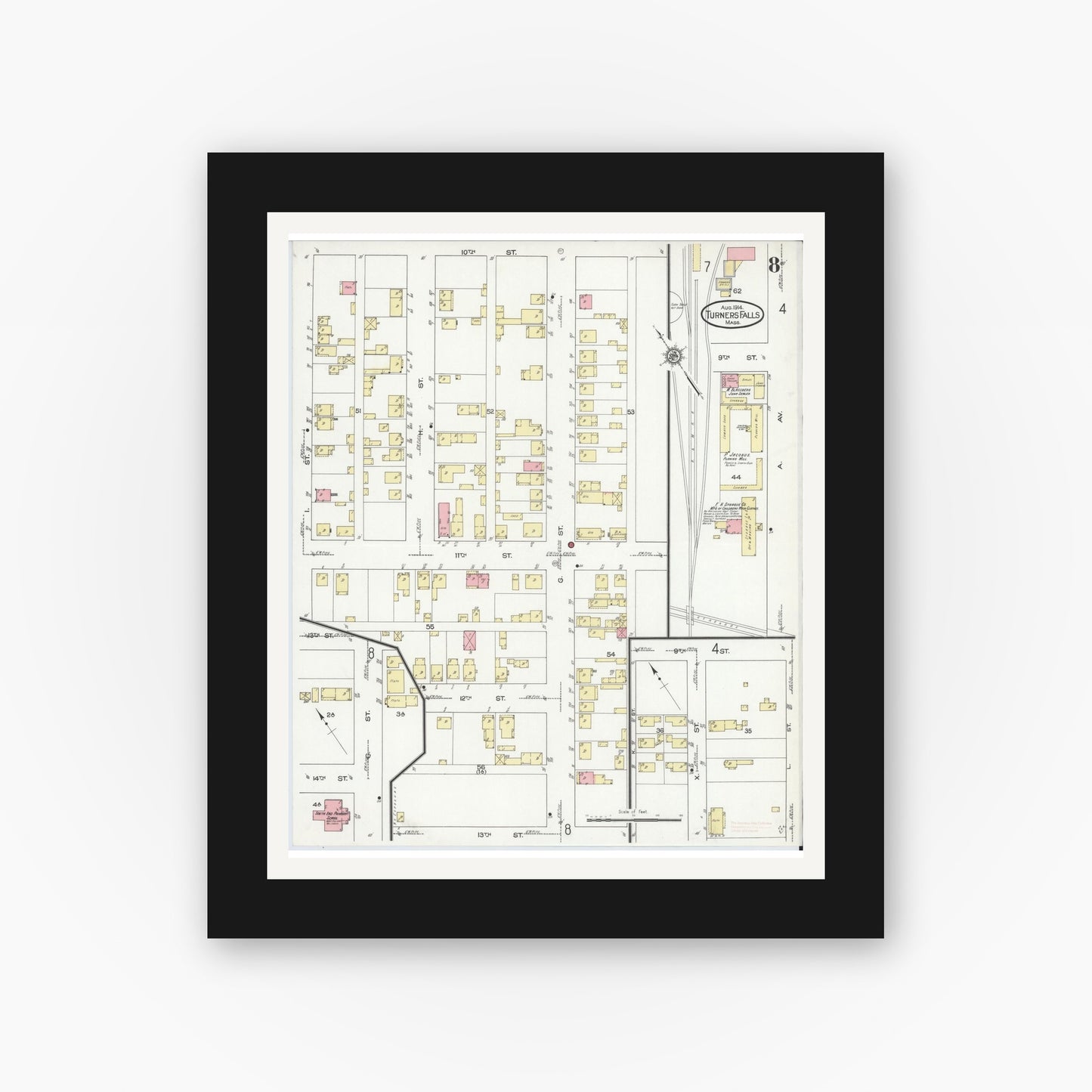 Old map wall art mockup — black gallery frame with white mat — Sanborn Fire Insurance Map from Turners Falls, Franklin County, Massachusetts (1914), Sheet #0008