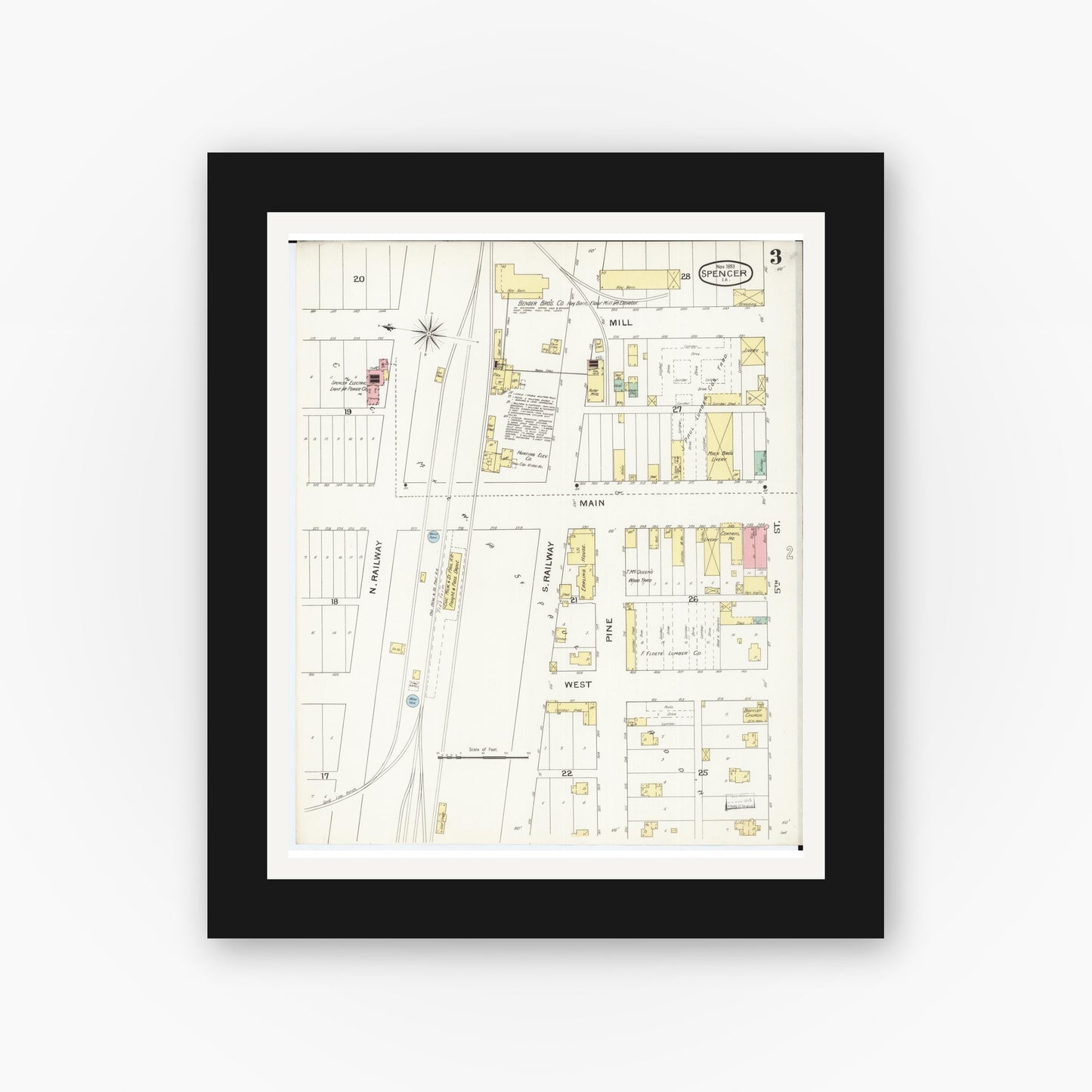 Old map wall art mockup β black gallery frame with white mat β Sanborn Fire Insurance Map from Spencer, Clay County, Iowa (1893), Sheet #0003