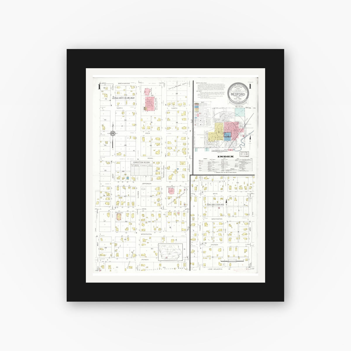 Old map wall art mockup — black gallery frame with white mat — Sanborn Fire Insurance Map from Bedford, Taylor County, Iowa (1933), Sheet #0001
