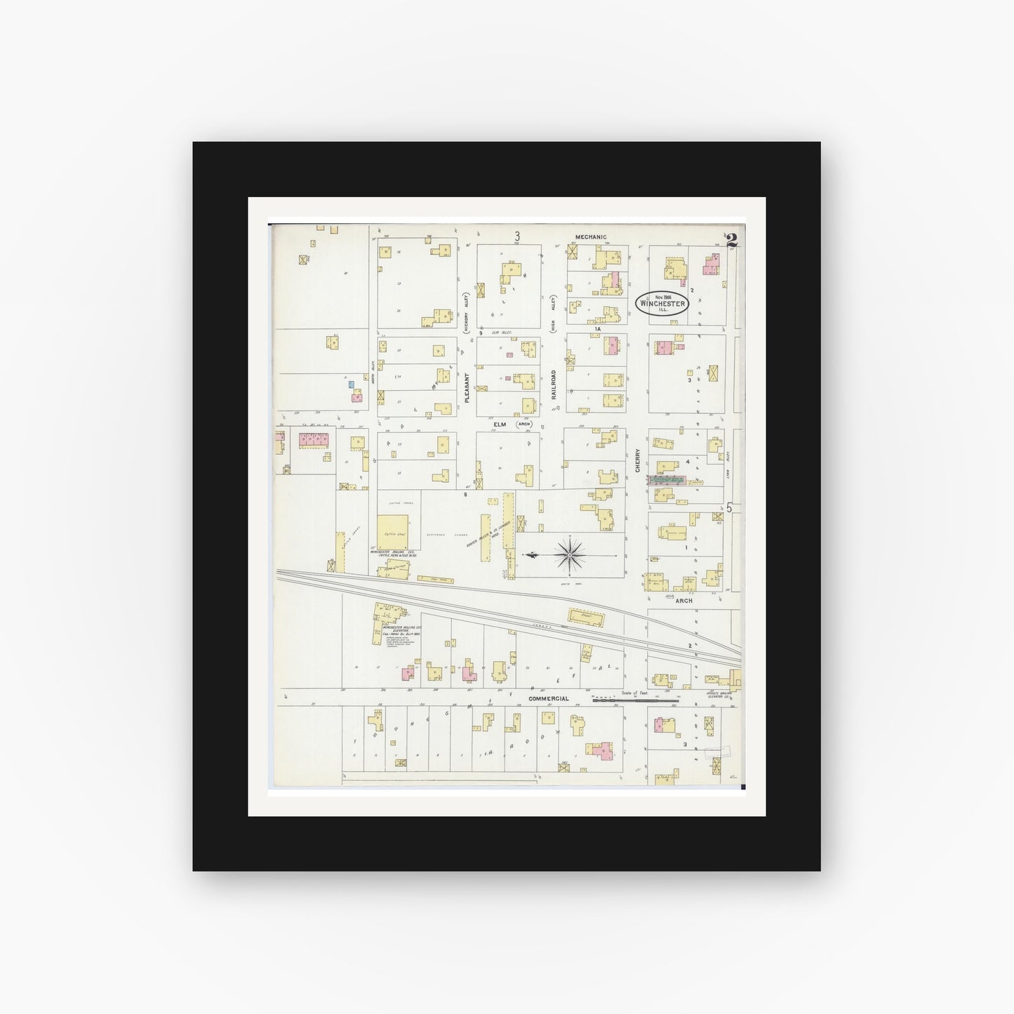 Old map wall art mockup — black gallery frame with white mat — Sanborn Fire Insurance Map from Winchester, Scott County, Illinois (1906), Sheet #0002